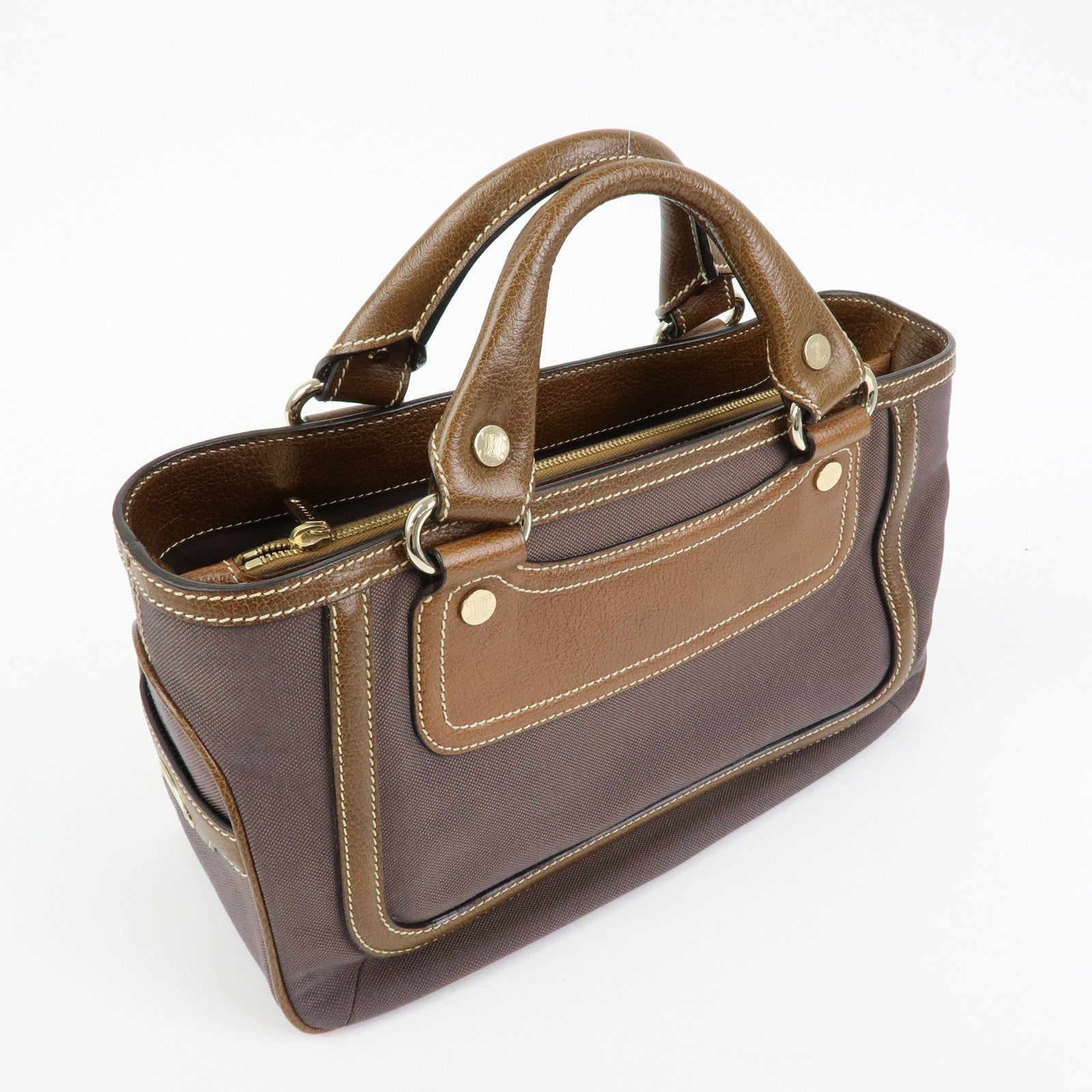 CELINE Boogie Bag Canvas Leather Hand Bag Tote Bag Brown