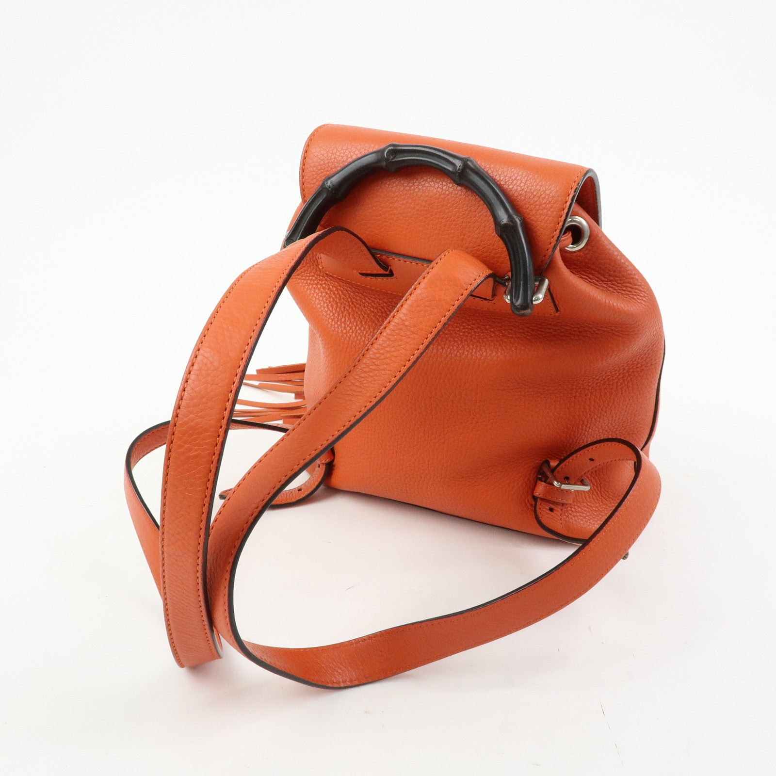 GUCCI Bamboo Leather Backpack Rucksack Tassel Strap Orange 387149