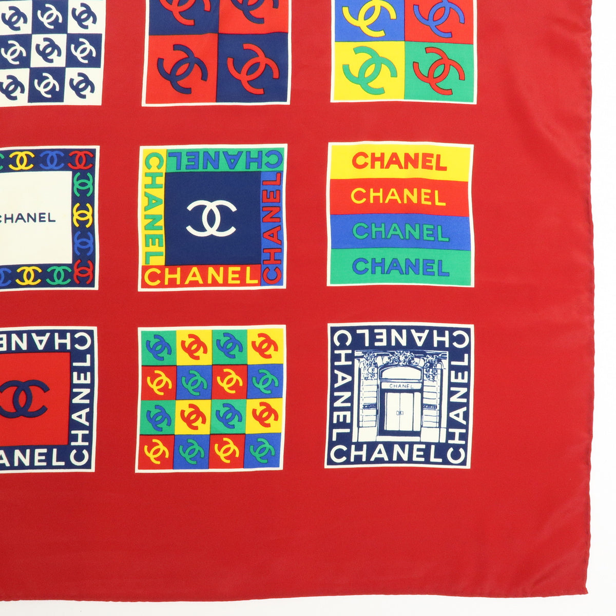 CHANEL COCO Mark Logo Silk 100% Scarf Red Multicolor