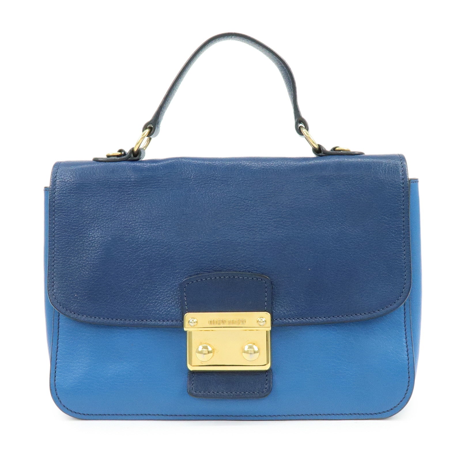 MIU MIU Logo Madras Leather Flap 2Way Bag Hand Bag Blue Navy