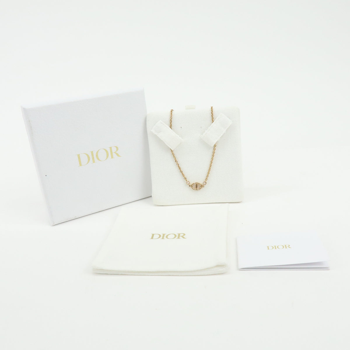 Christian Dior CD Logo Rhinestone Metal Necklace Pink Gold