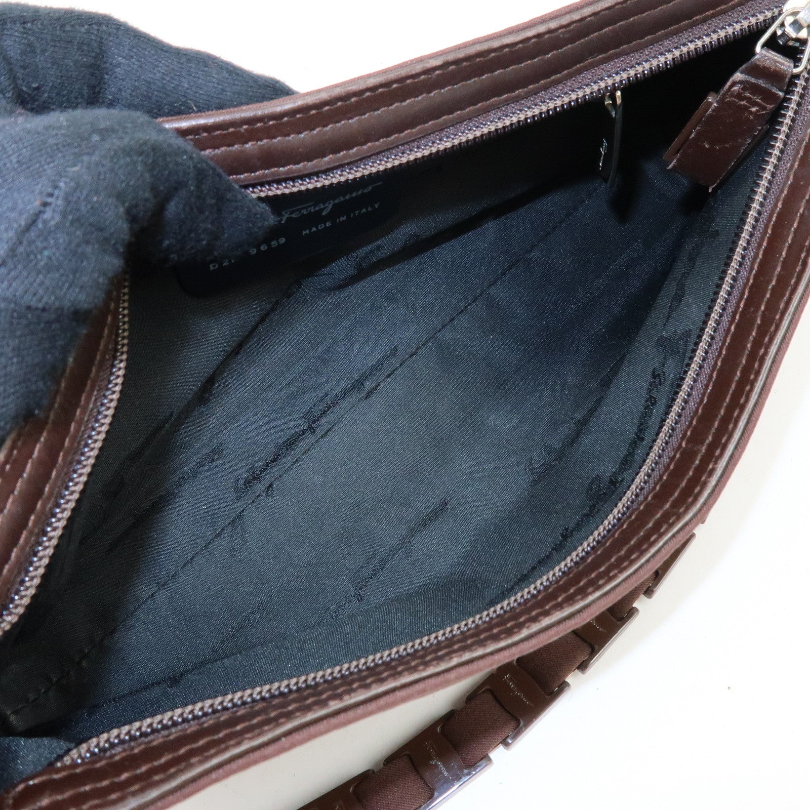 Ferragamo Varra Nylon Leather Chain Shoulder Bag Hand Bag Brown