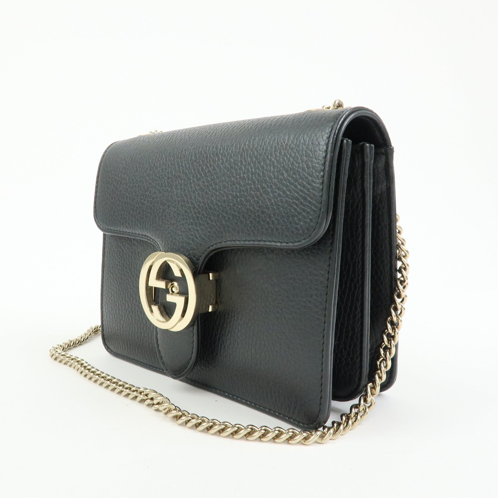 GUCCI Interlocking G Leather Chain Flap Shoulder Bag Black 510304