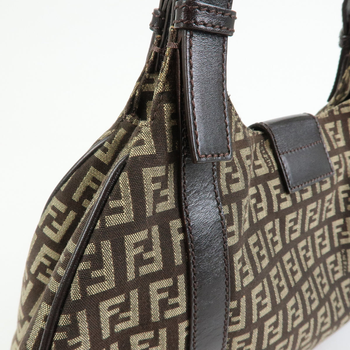 FENDI Zucchino Canvas Leather Shoulder Bag Hand Bag Beige Brown 8BR463