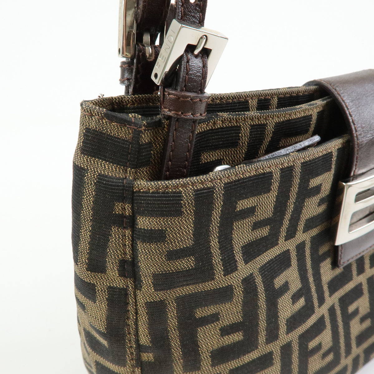 FENDI Zucca Canvas Leather Shoulder Bag Hand Bag Brown Black 26728