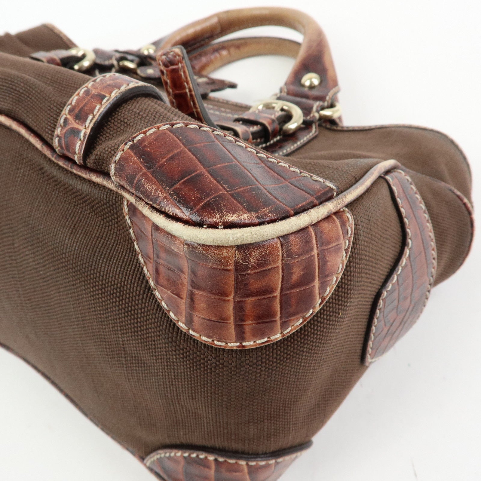 CELINE Boogie Bag Canvas Embossed Leather Hand Bag Tote Bag Brown