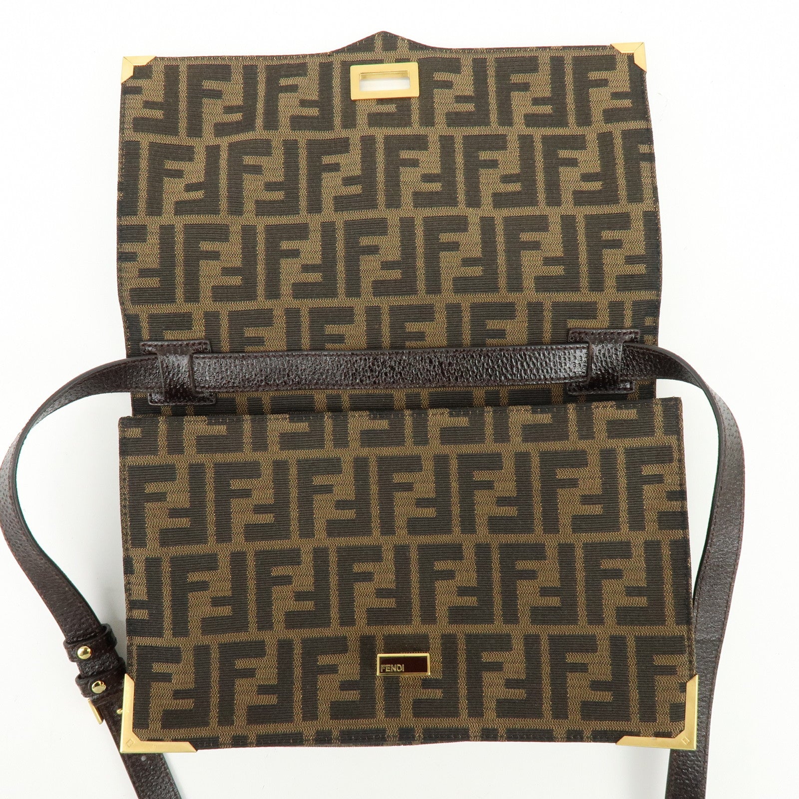 FENDI Zucca Canvas Leather Shoulder Bag Crossbody Bag Brown 8BT169