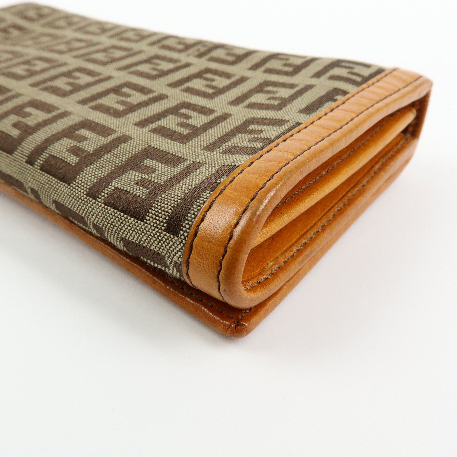 FENDI Zucchino Jacquard Canvas Leather Bi-fold Long Wallet Beige 8M0000