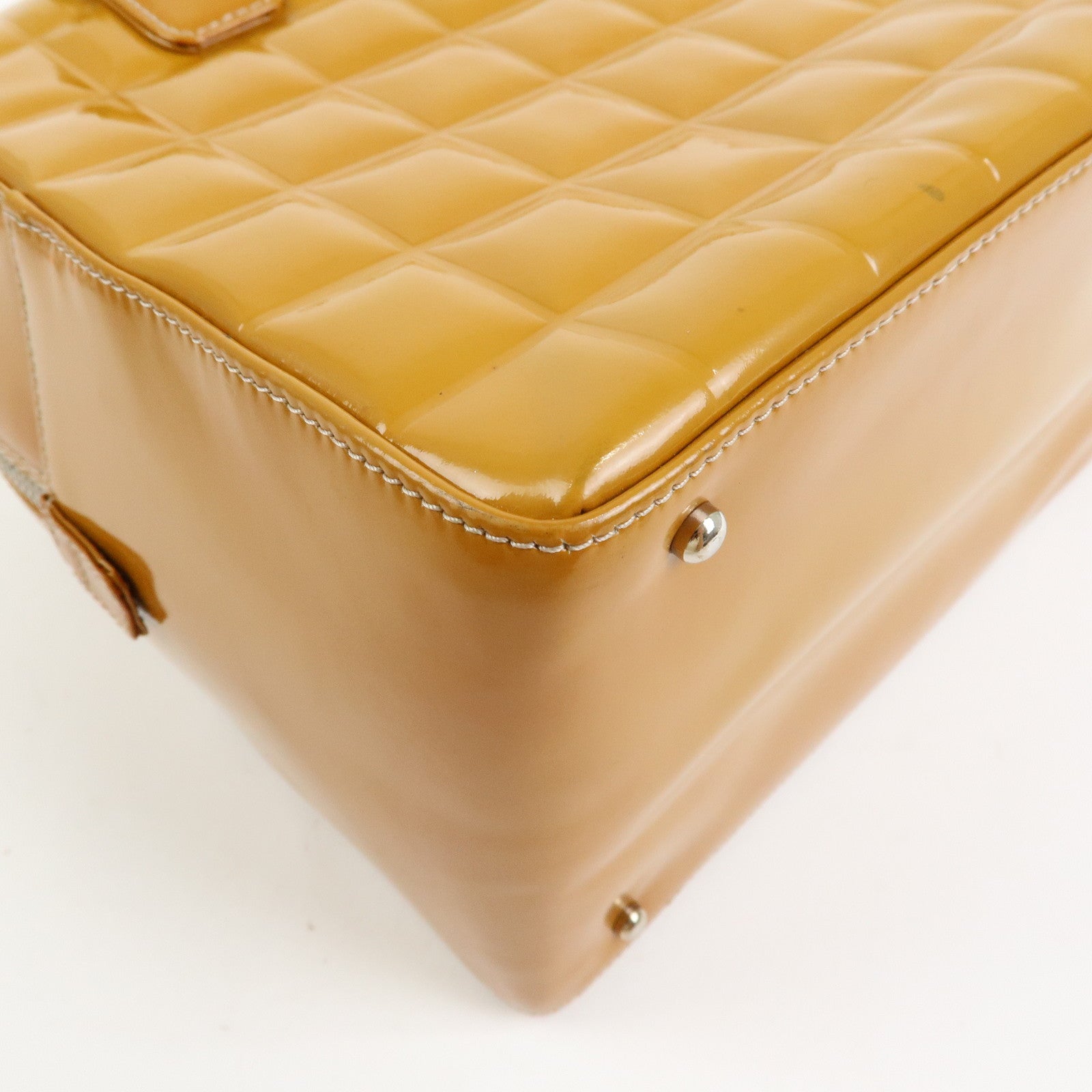 CHANEL Chocolate Bar COCO Mark Patent Leather Boston Bag Hand Bag Camel