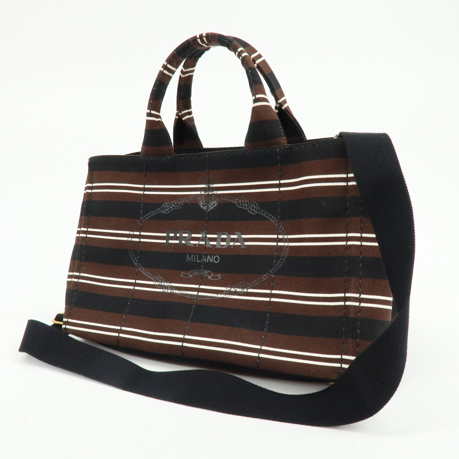 PRADA Canapa Triangle Logo Canvas 2Way Bag Hand Bag Striped B2642B