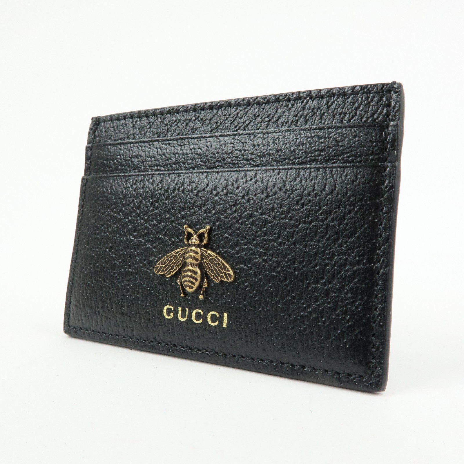 GUCCI Animalier Leather Card Case Card Holder Bee Motif Black 523685