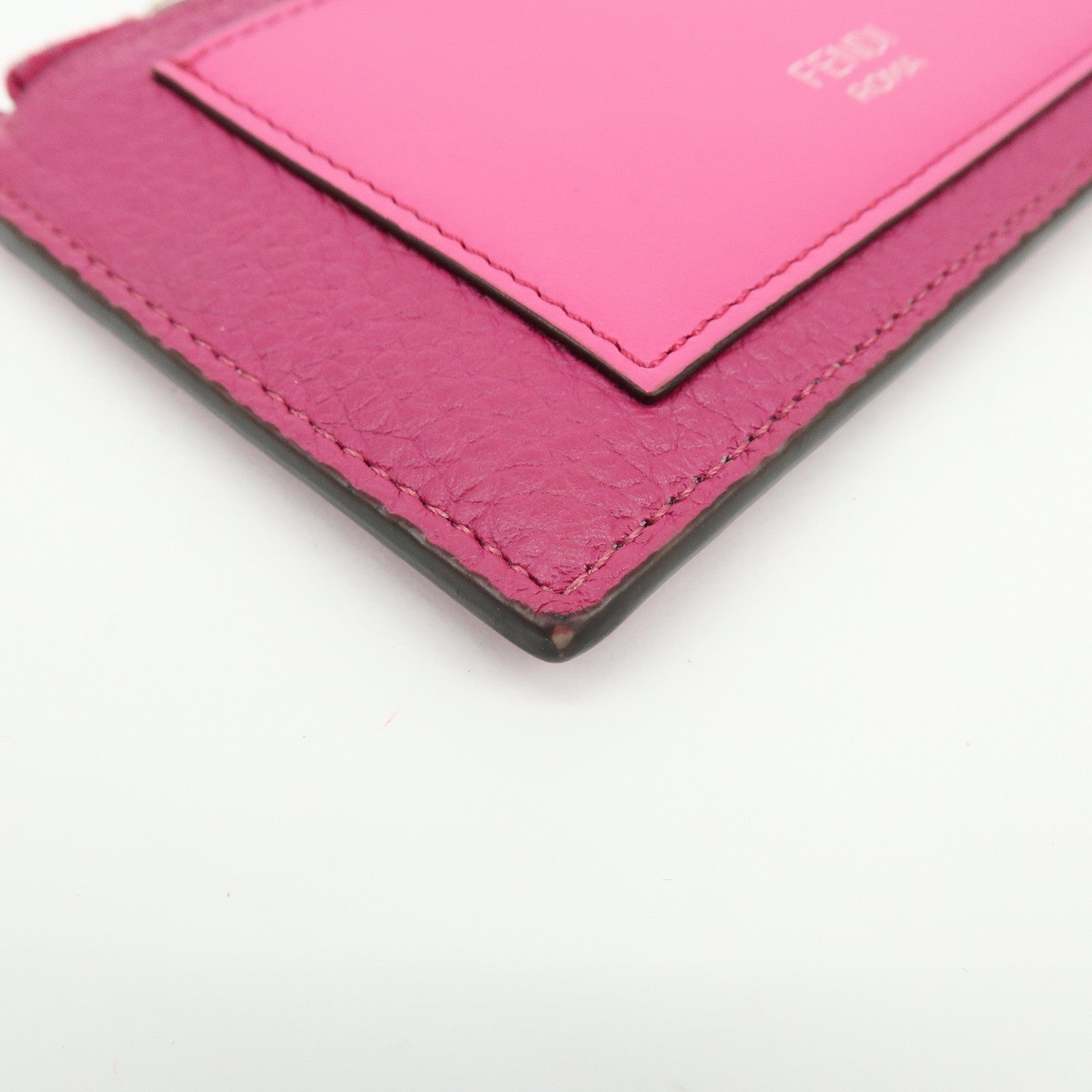 FENDI Logo Selleria Calf Leather Card Case Pink 8M0489