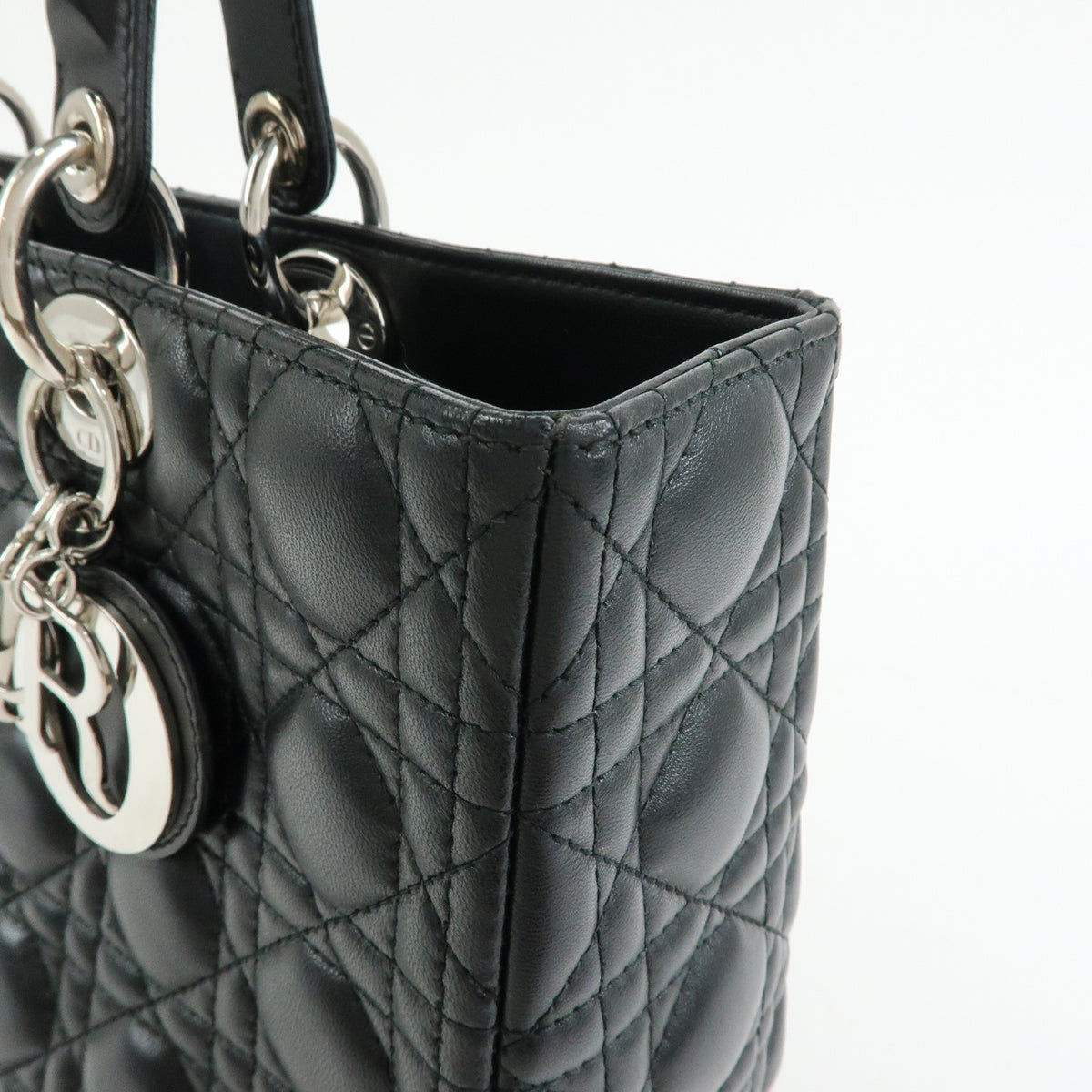 Christian Dior Lady Dior Cannage Lamb Skin Hand Bag Black