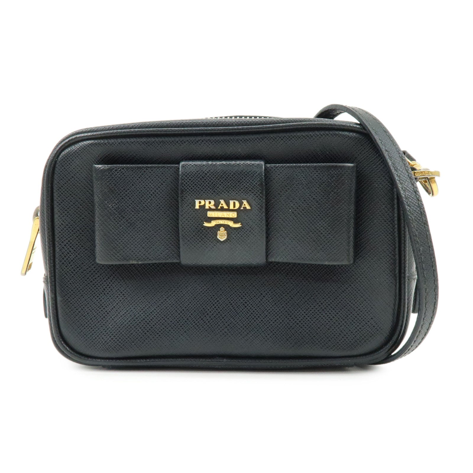 PRADA Saffiano Leather Shoulder Crossbody Bag Ribbon Motif Black 1NF674