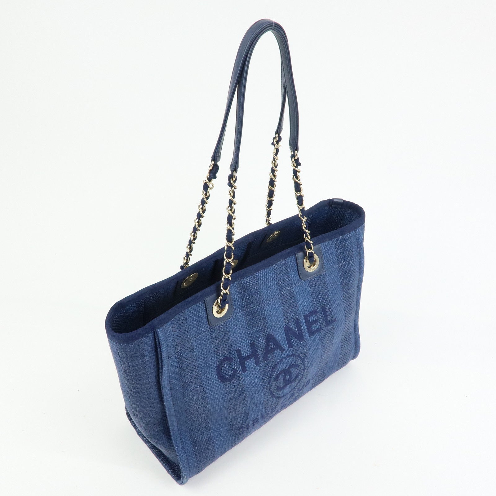 CHANEL Deauville MM Canvas Leather Tote Chain Shoulder Bag  A67001