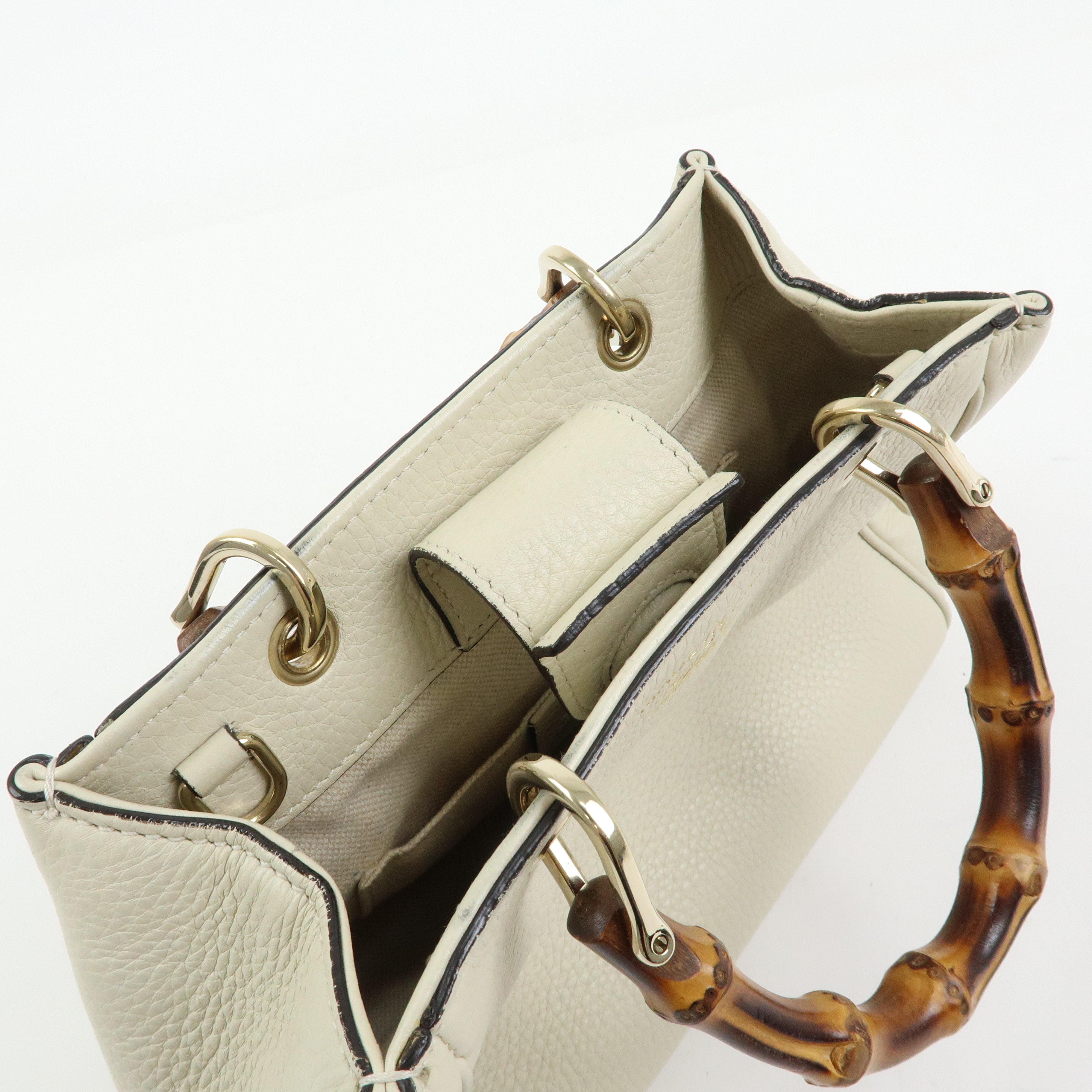 GUCCI Bamboo Mini Shopper Leather 2Way Bag Hand Bag White 368823