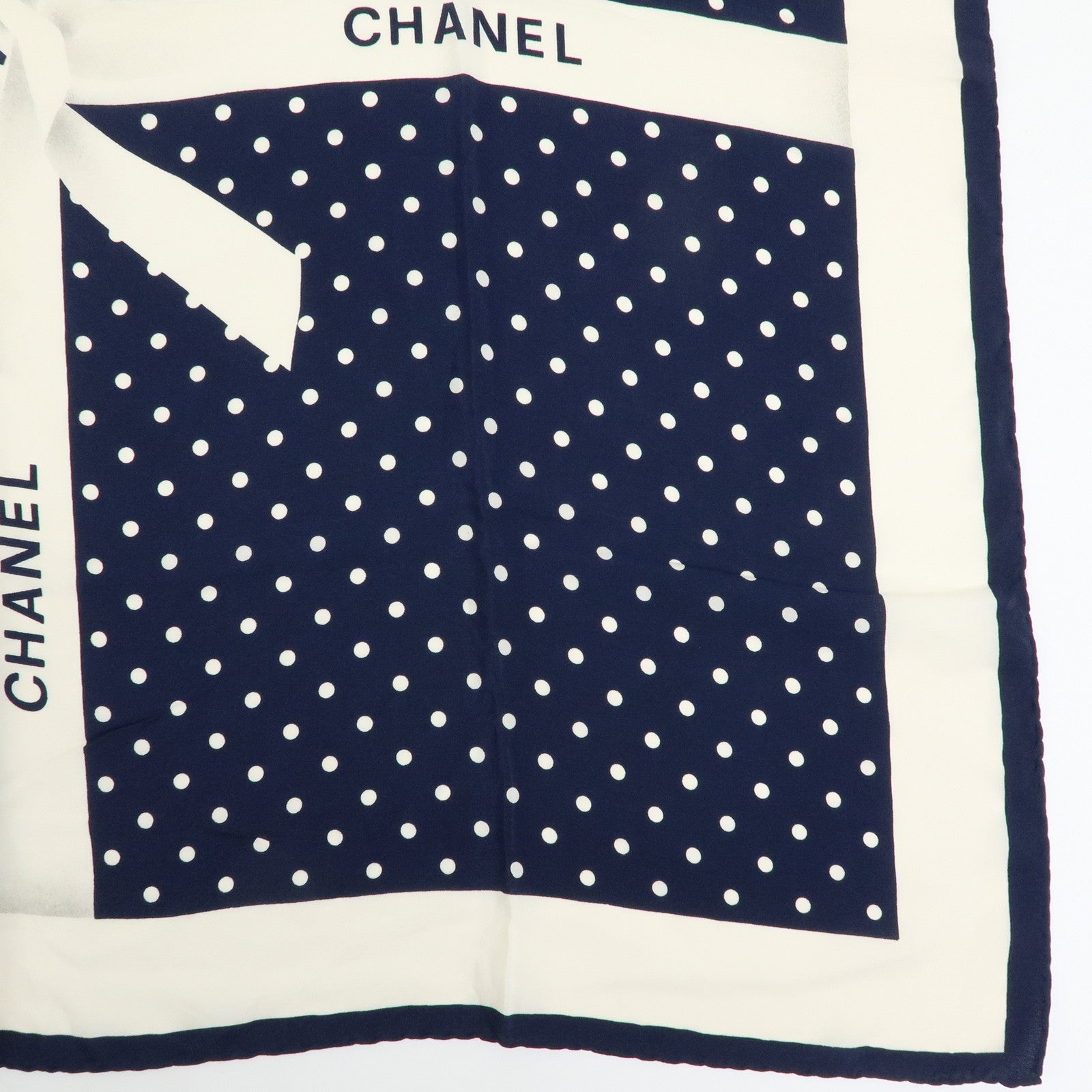 CHANEL Silk 100% Scarf Poka Dots Ribbon Design White Navy