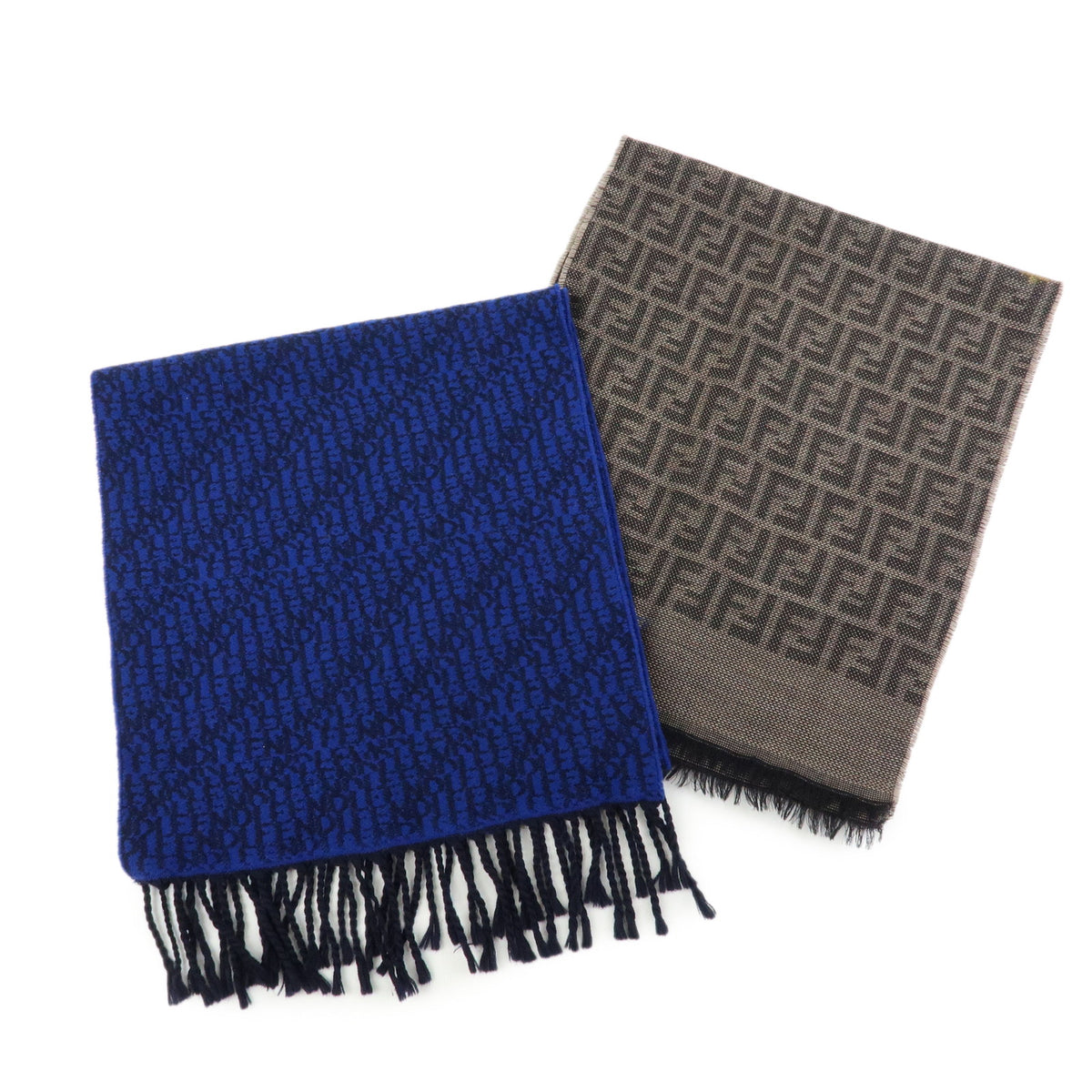 FENDI Zucca Lot of 2 Wool 100% Fringe Scarf Brown Blue
