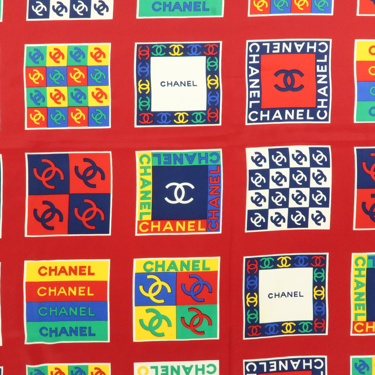 CHANEL COCO Mark Logo Silk 100% Scarf Red Multicolor