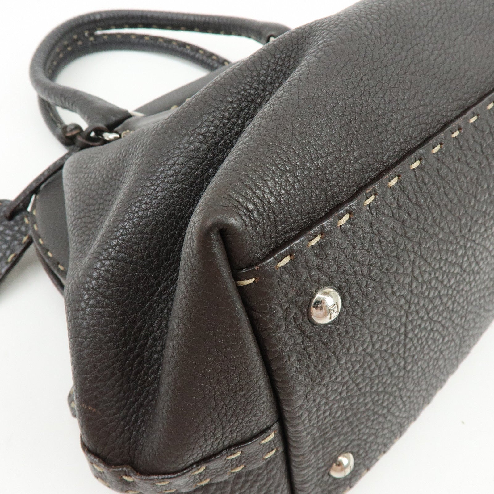FENDI Selleria Stitches Leather Boston Bag Hand Bag Dark Brown 8BN127