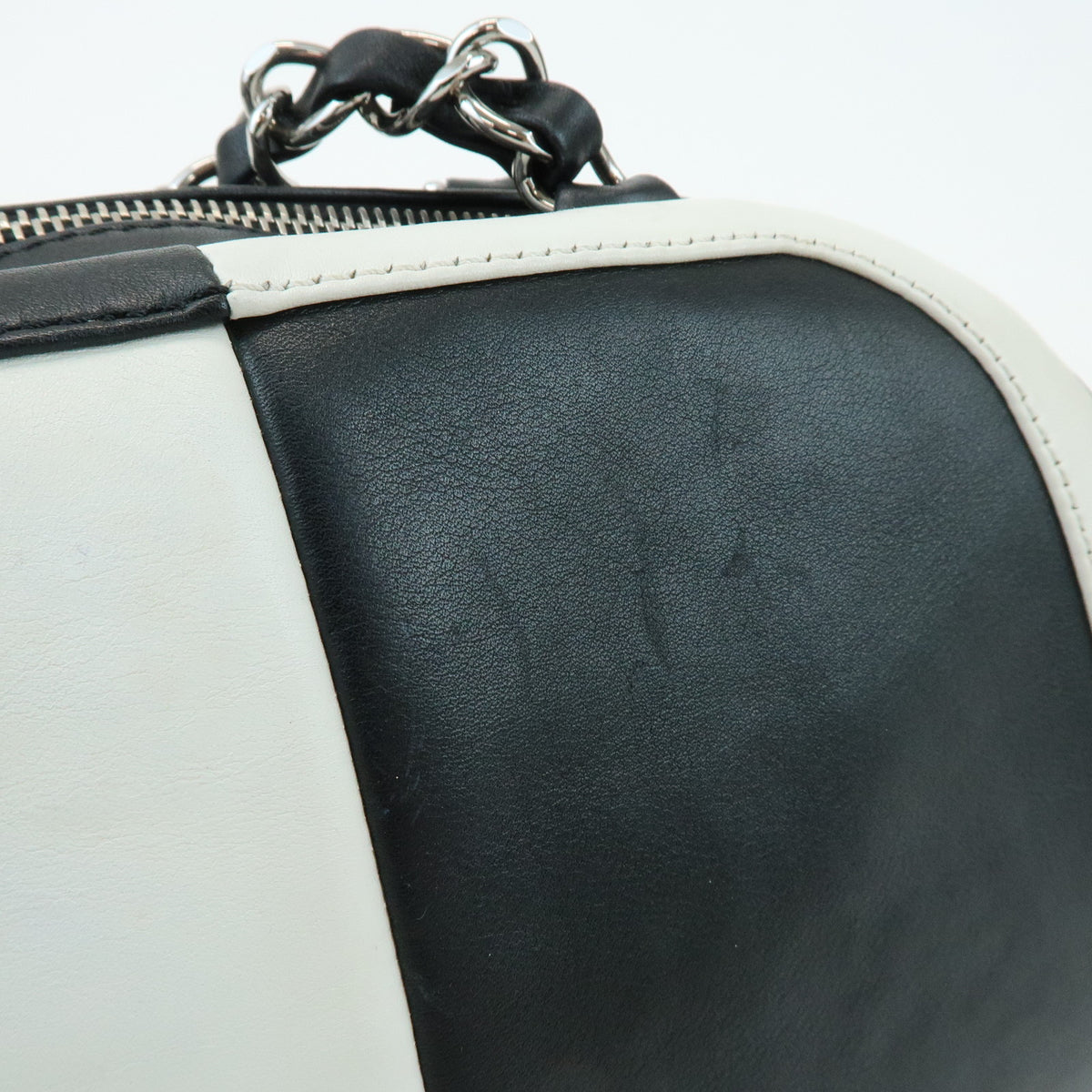 CHANEL COCO Mark Bicolor Lamb Skin Bowling Bag Hand Bag Black White