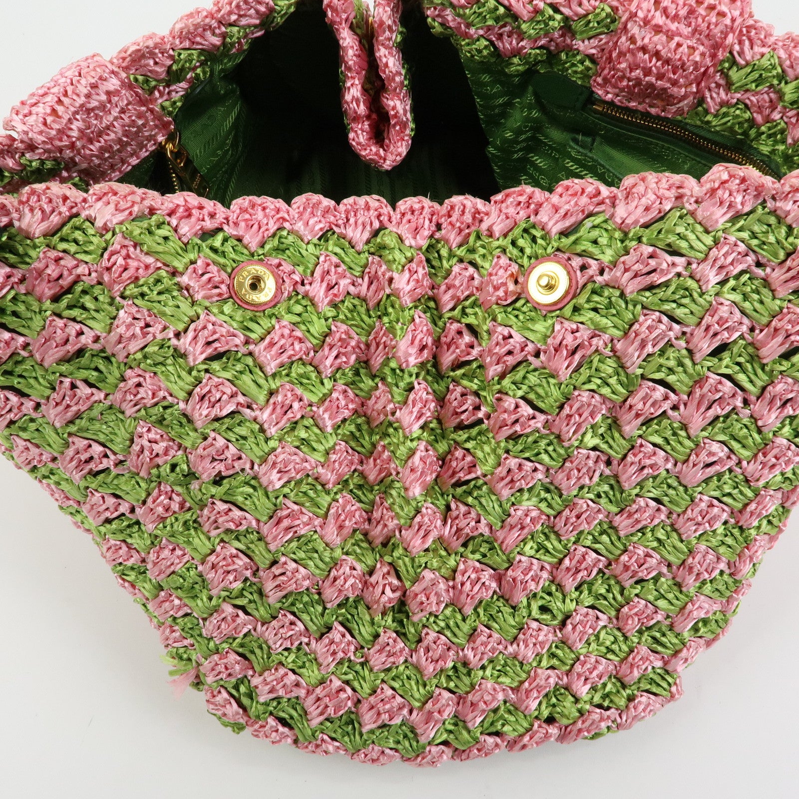 PRADA Triangle Logo Canapa Raffia Tote Bag Hand Bag Pink Green