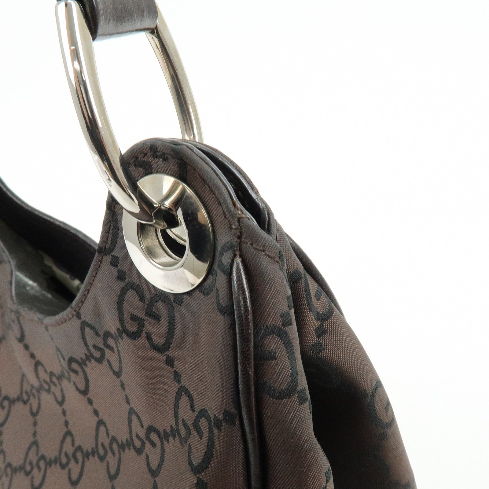 GUCCI GG Nylon Leather Shoulder Bag Hand Bag Dark Brown 257265