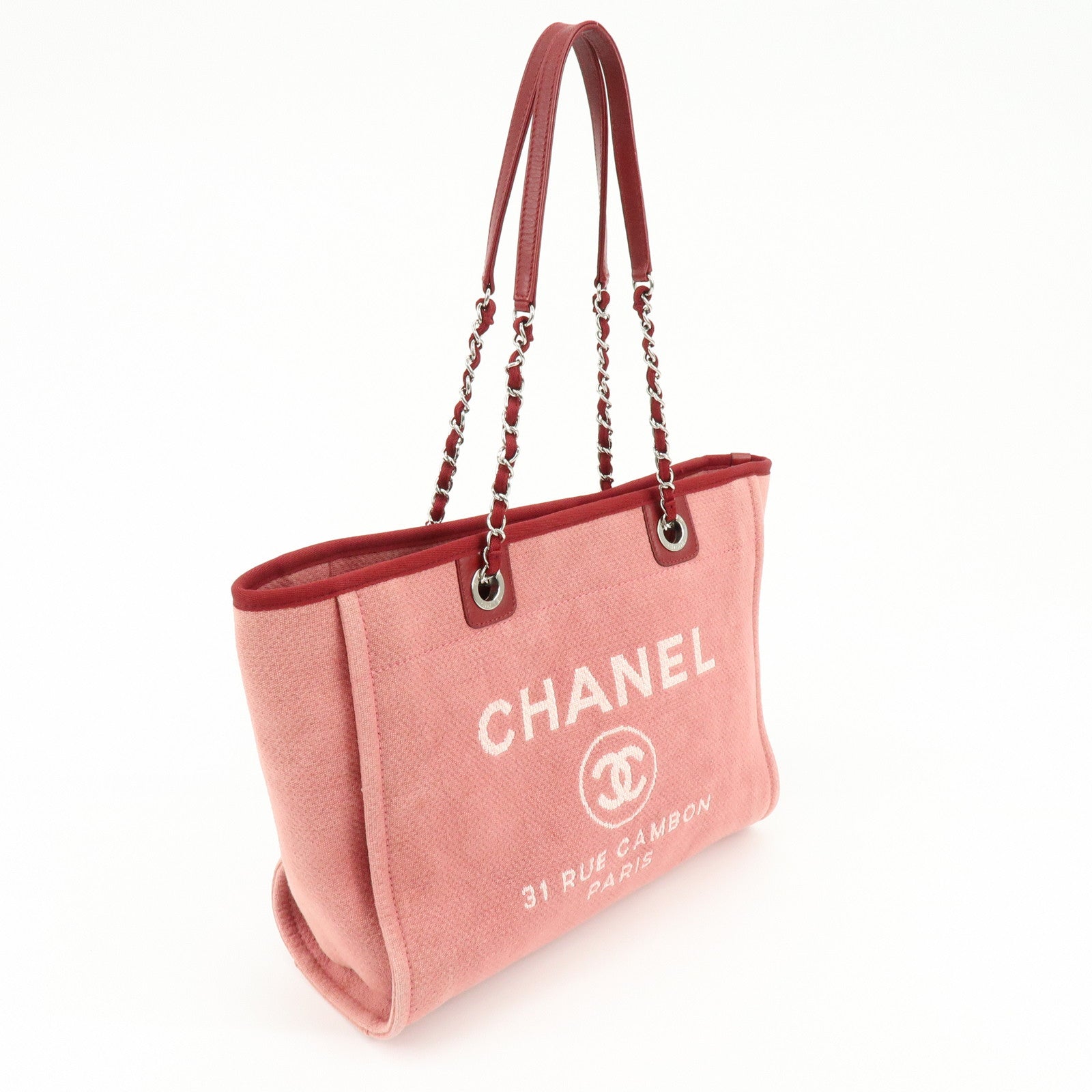 CHANEL Deauville MM Canvas Leather Chain Tote Bag Shoulder Bag A67001