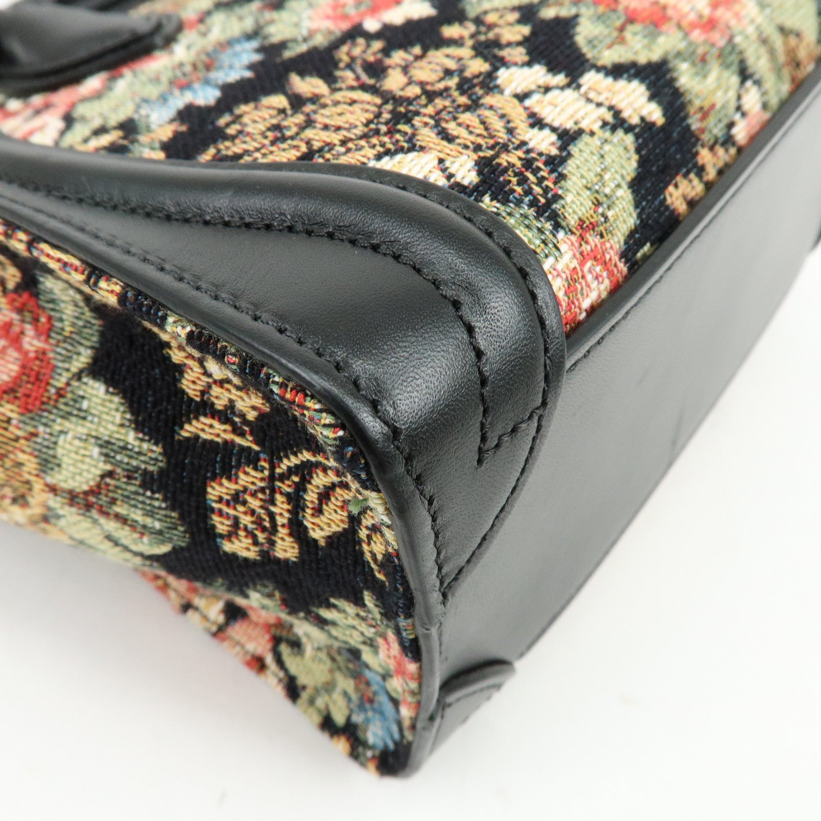 CELINE Luggage Jaquard Canvas Leathre Flower 2Way Shoulder Bag Black