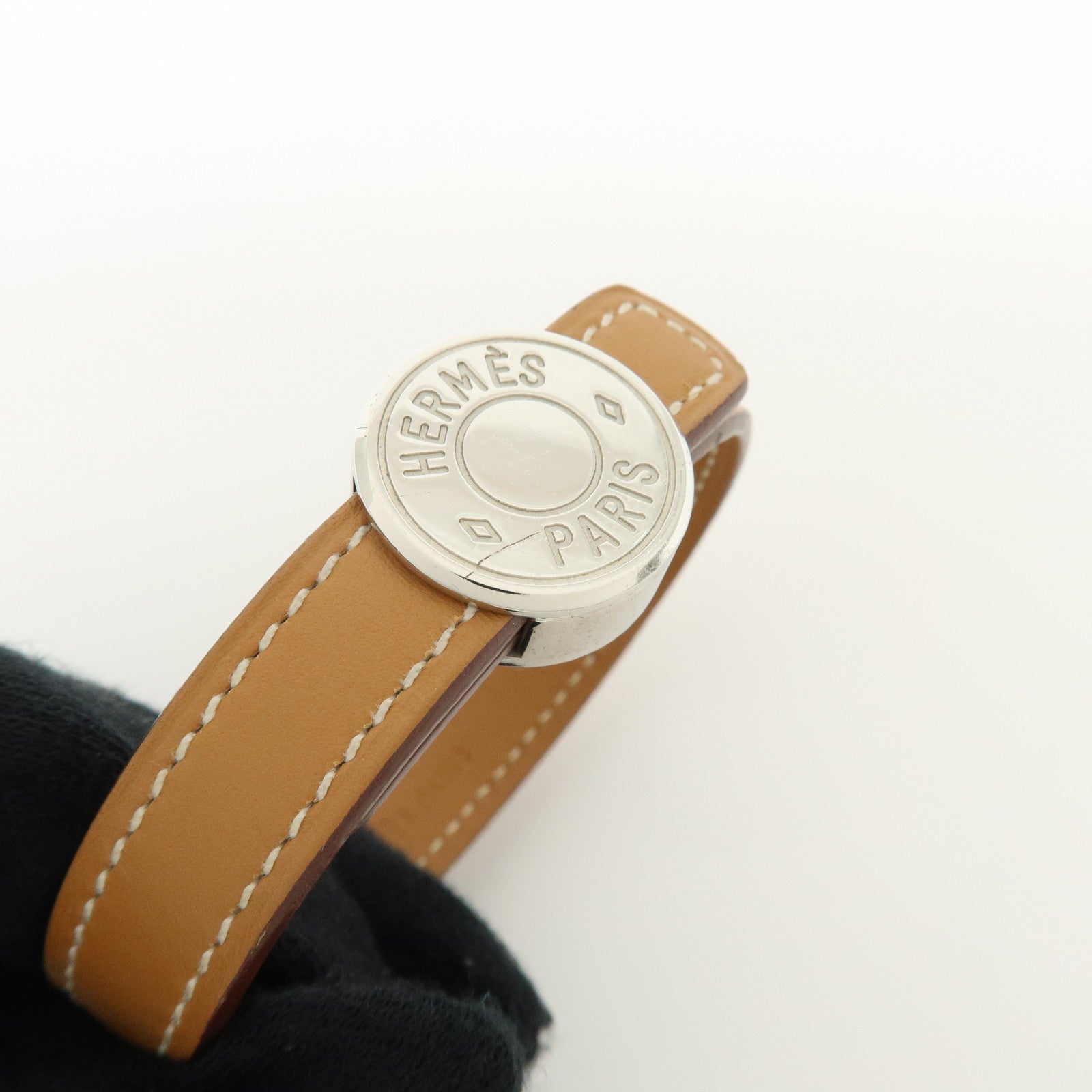 HERMES Serie Looping Leather Metal Bracelet Brown Black Silver
