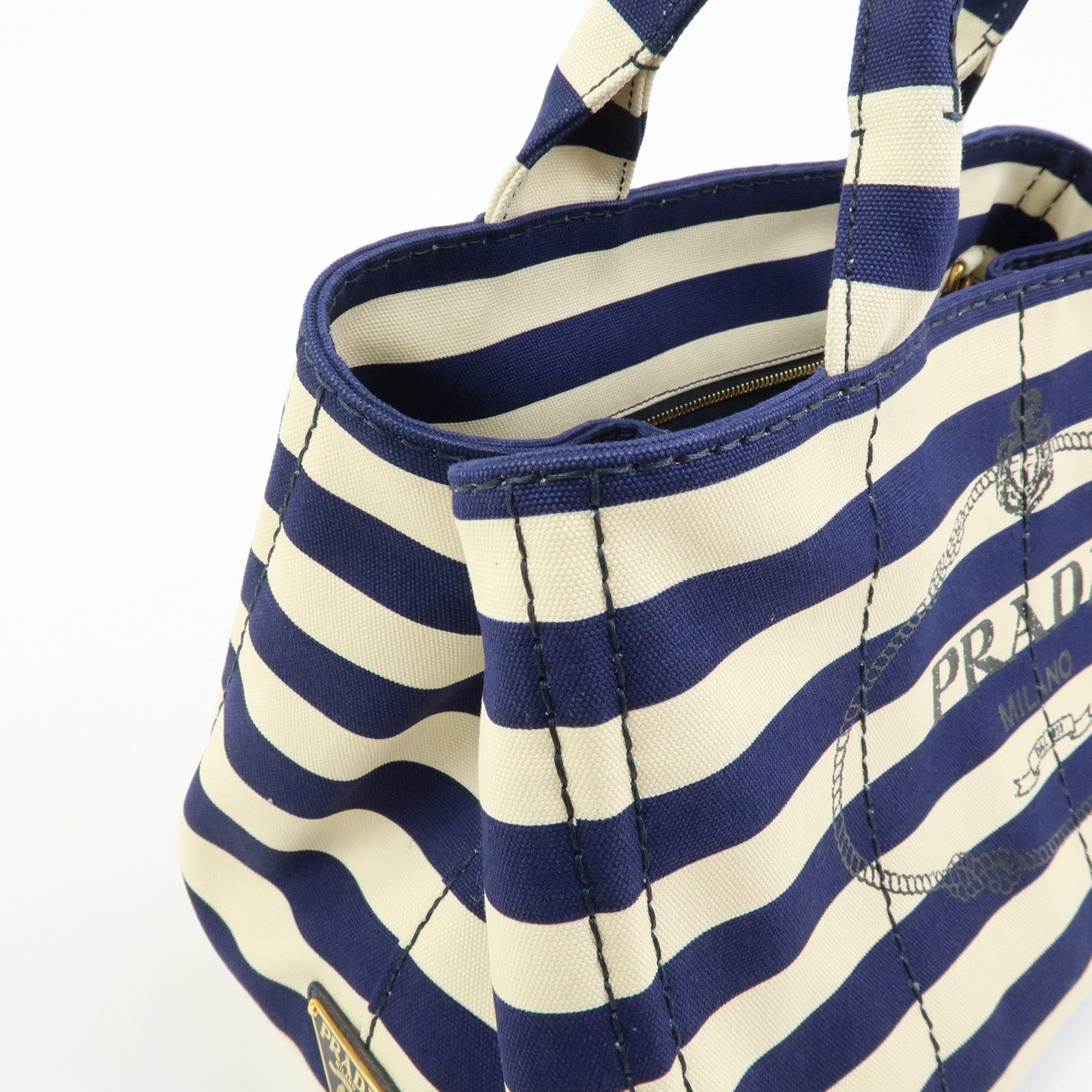 PRADA Canapa Canvas 2Way Bag Hand Bag Stripe Blue White B2642B