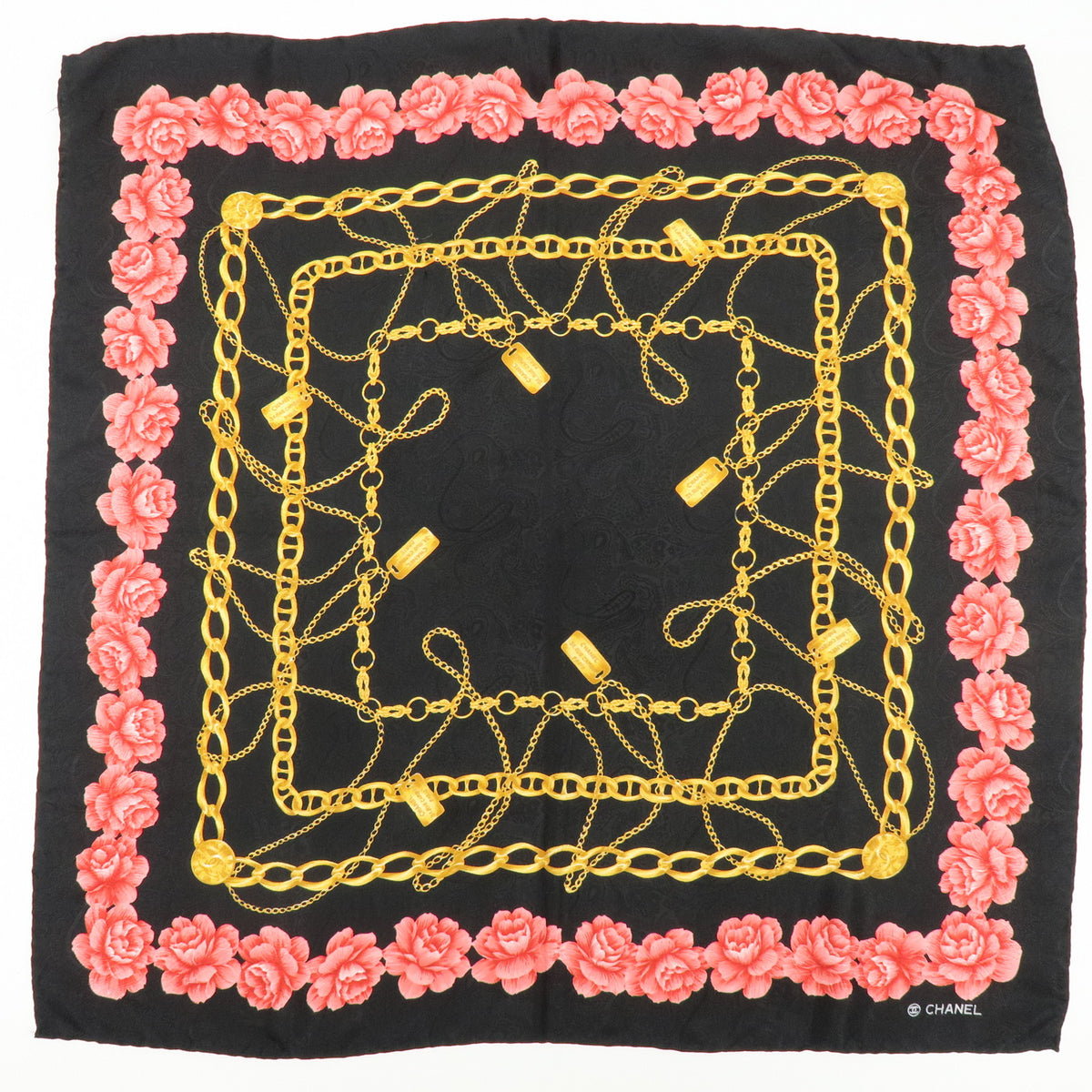 CHANEL Lot of 2 Silk 100% Scarf Flower Jewelry Motif Black Gold