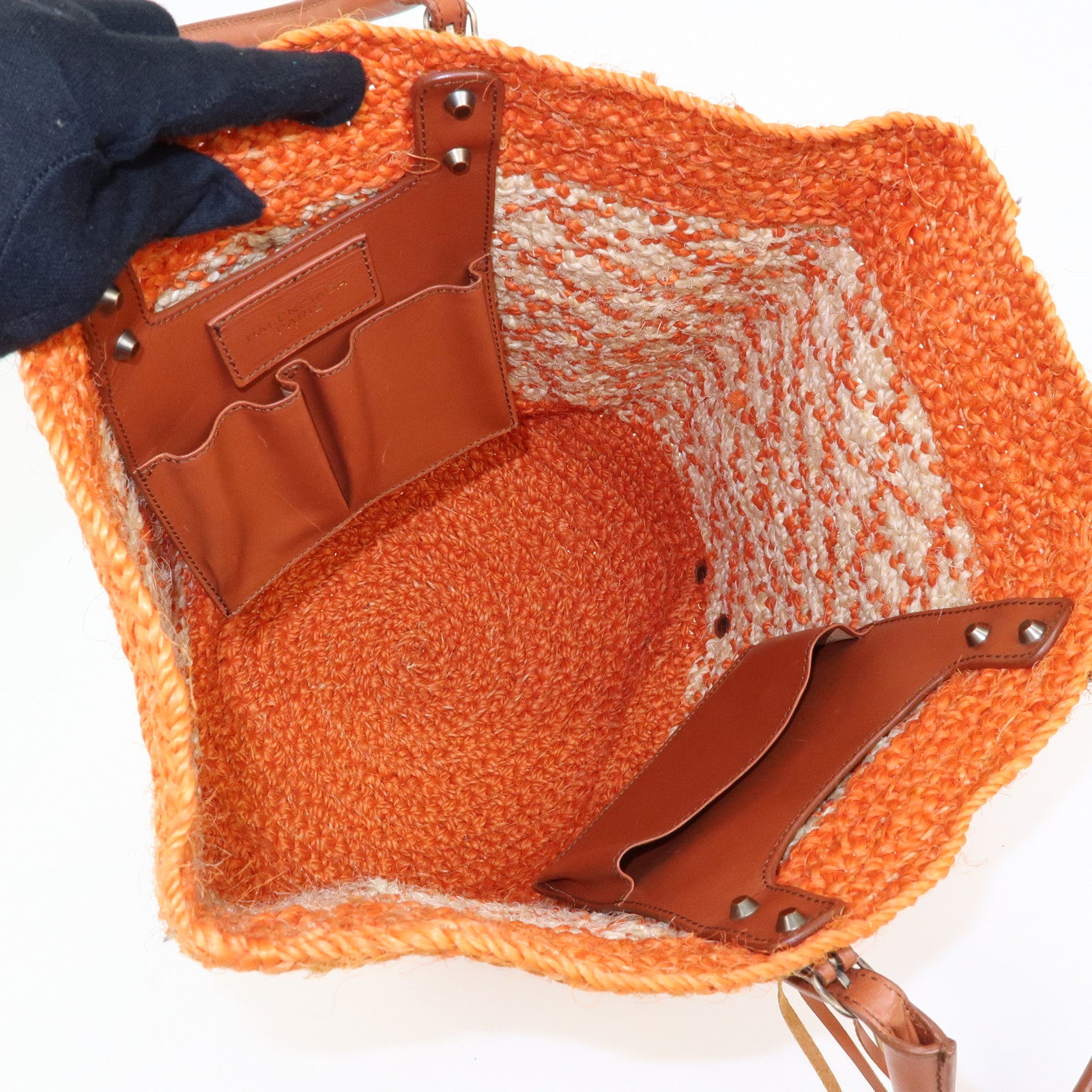 BALENCIAGA Motocross Classic Panier Raffia Leather Tote Bag 286370