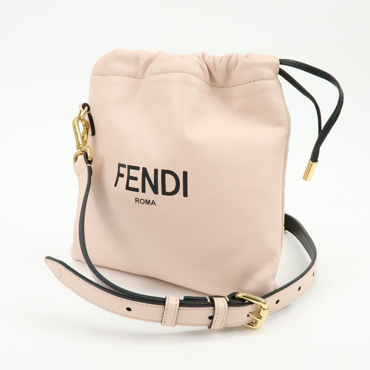 FENDI Logo Nappa Leather Drawstring Shoulder Bag Pouch Pink 8BT337