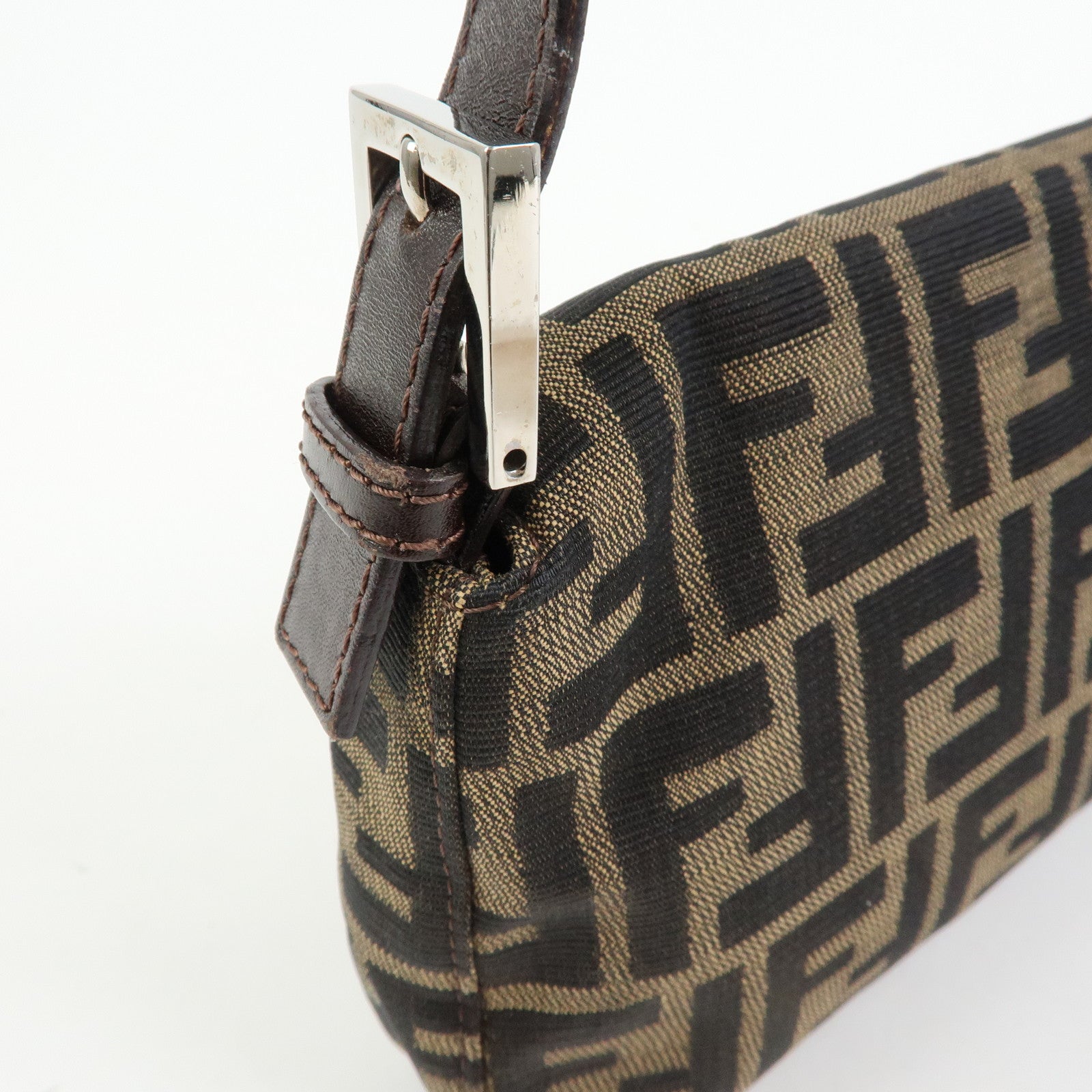 FENDI Mamma Baguette Zucca Canvas Leather Shoulder Bag Brown 26424