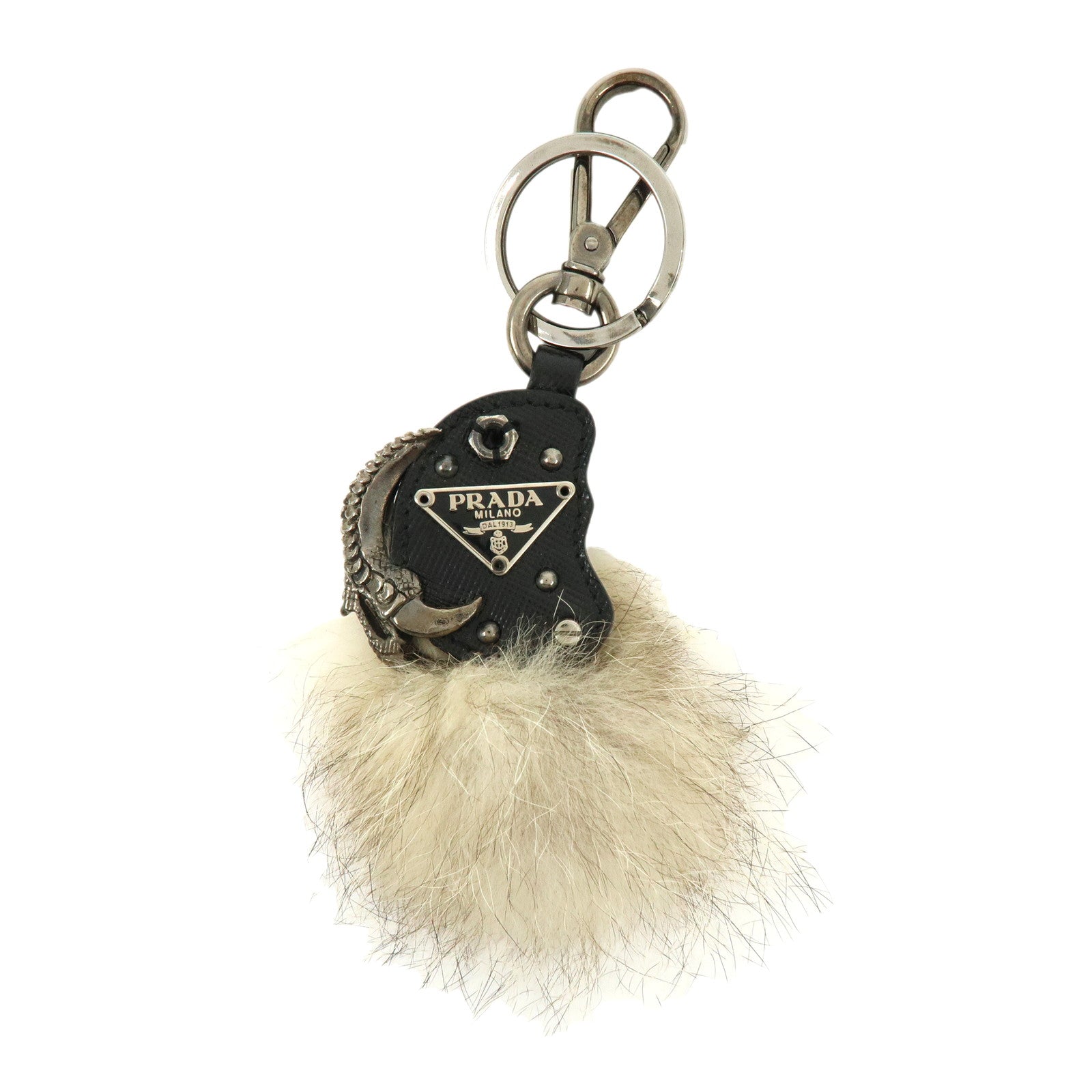 PRADA Triangle Log Saffiano Leather Fur Bag Charm Key Charm Beige
