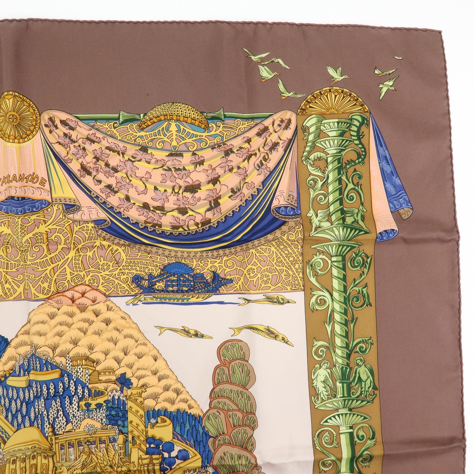 HERMES Carre 90 Silk 100% Scarf L ATLANTIDE Brown Blue Gold