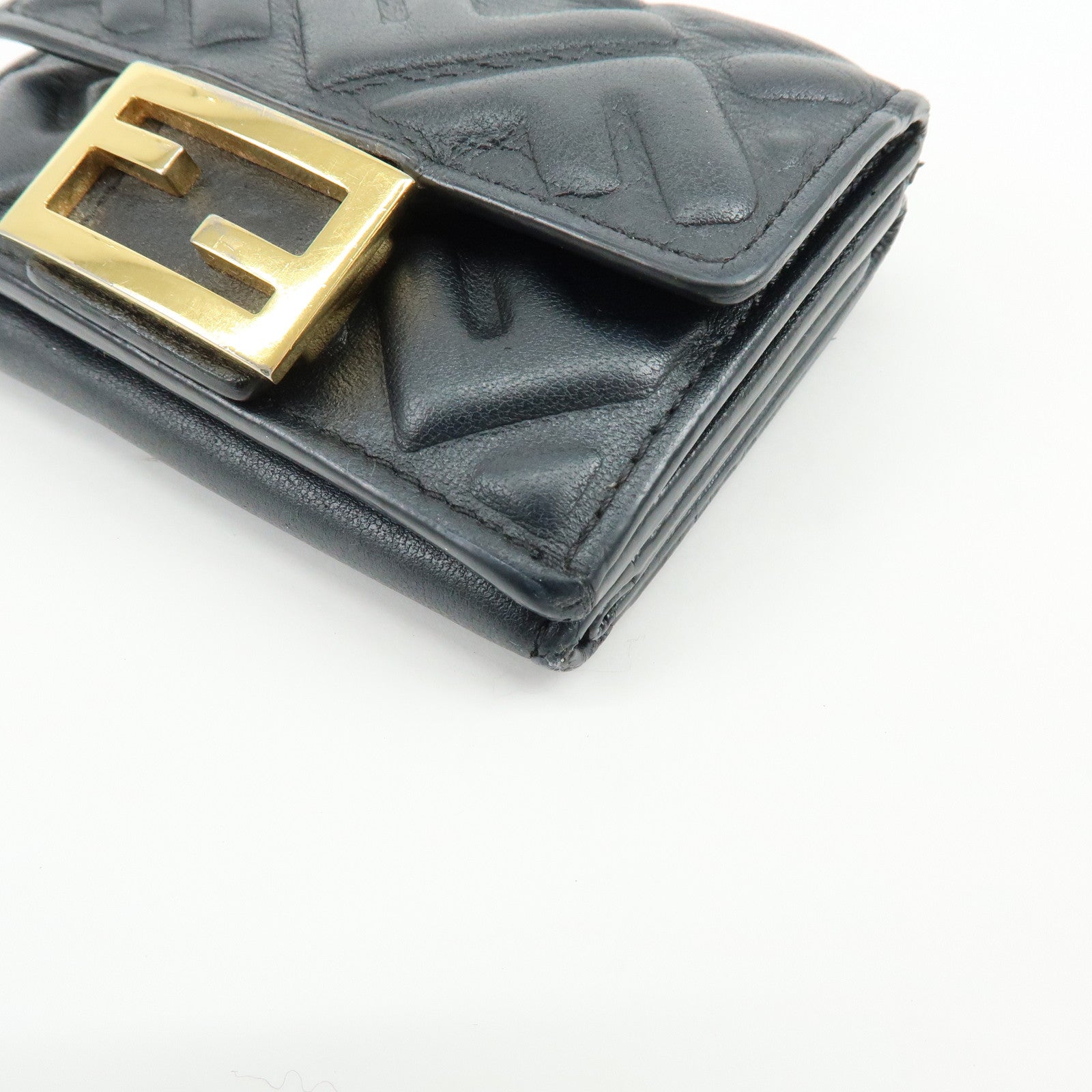 FENDI Zucca Baguette Micro Wallet Leather Tri-fold Wallet Black 8M0395