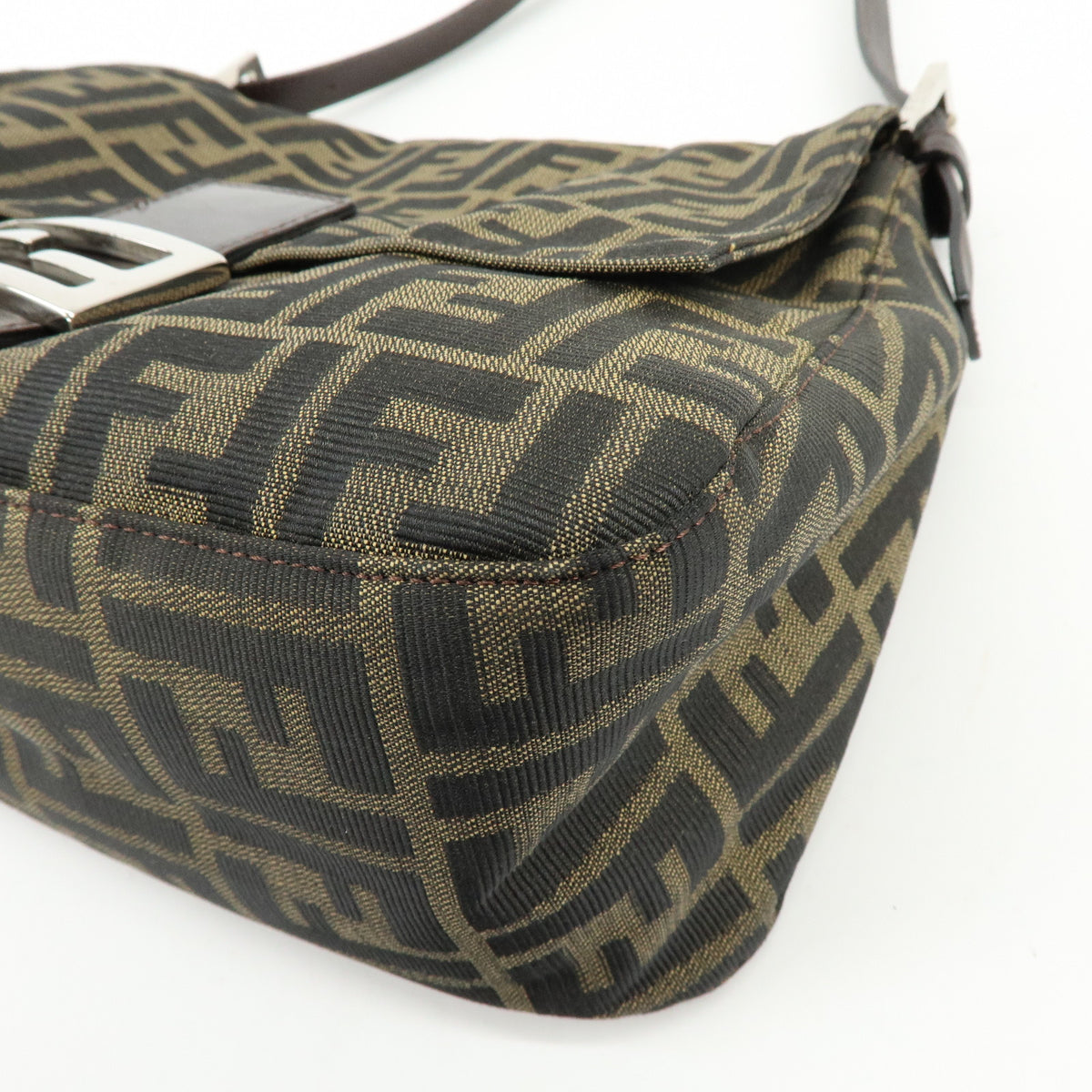 FENDI Mamma Baguette Jacquard Canvas Leather Shoulder Bag Brown 26325