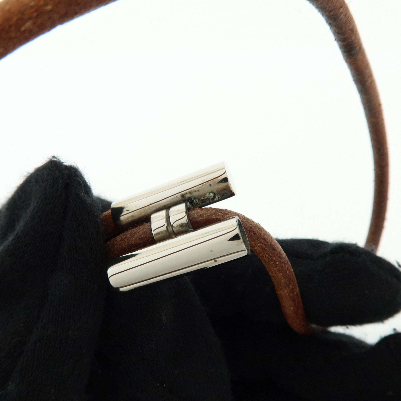 HERMES Leather Metal Tournis Tresse Bracelet Brown Silver