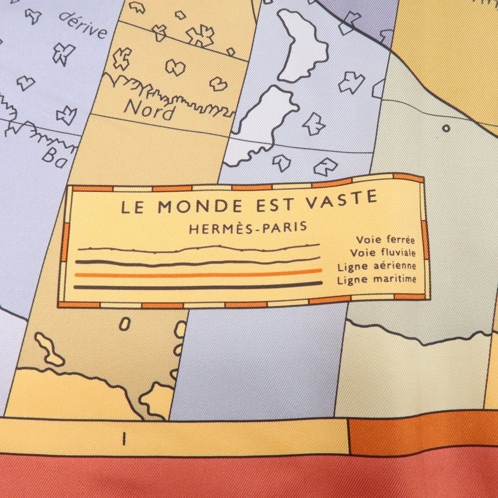 HERMES Carre 90 Silk 100% Scarf  LE MONDE EST VASTE Coral Orange