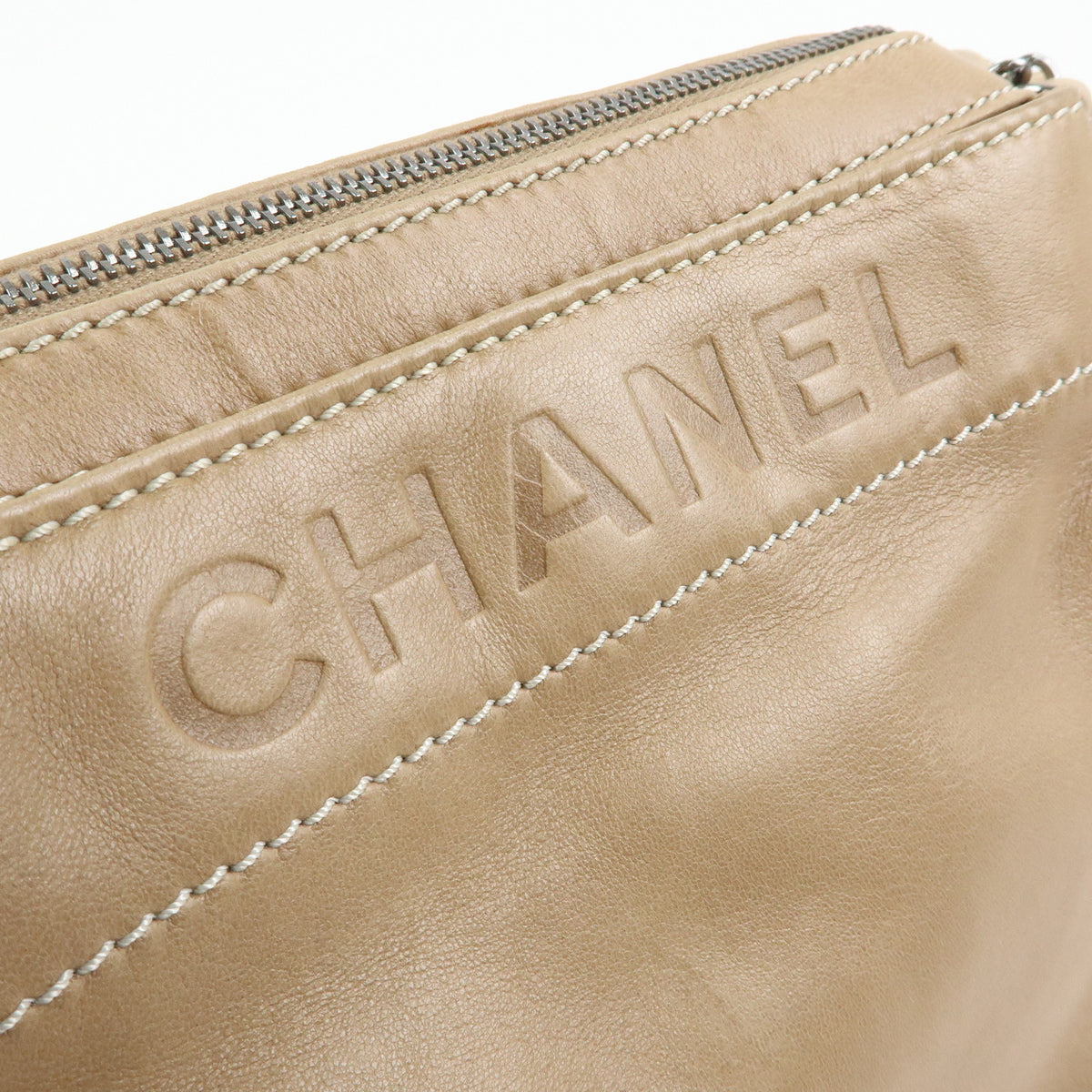 CHANEL LAX Accordion Lamb Skin Chain Shoulder Bag Hand Bag Beige