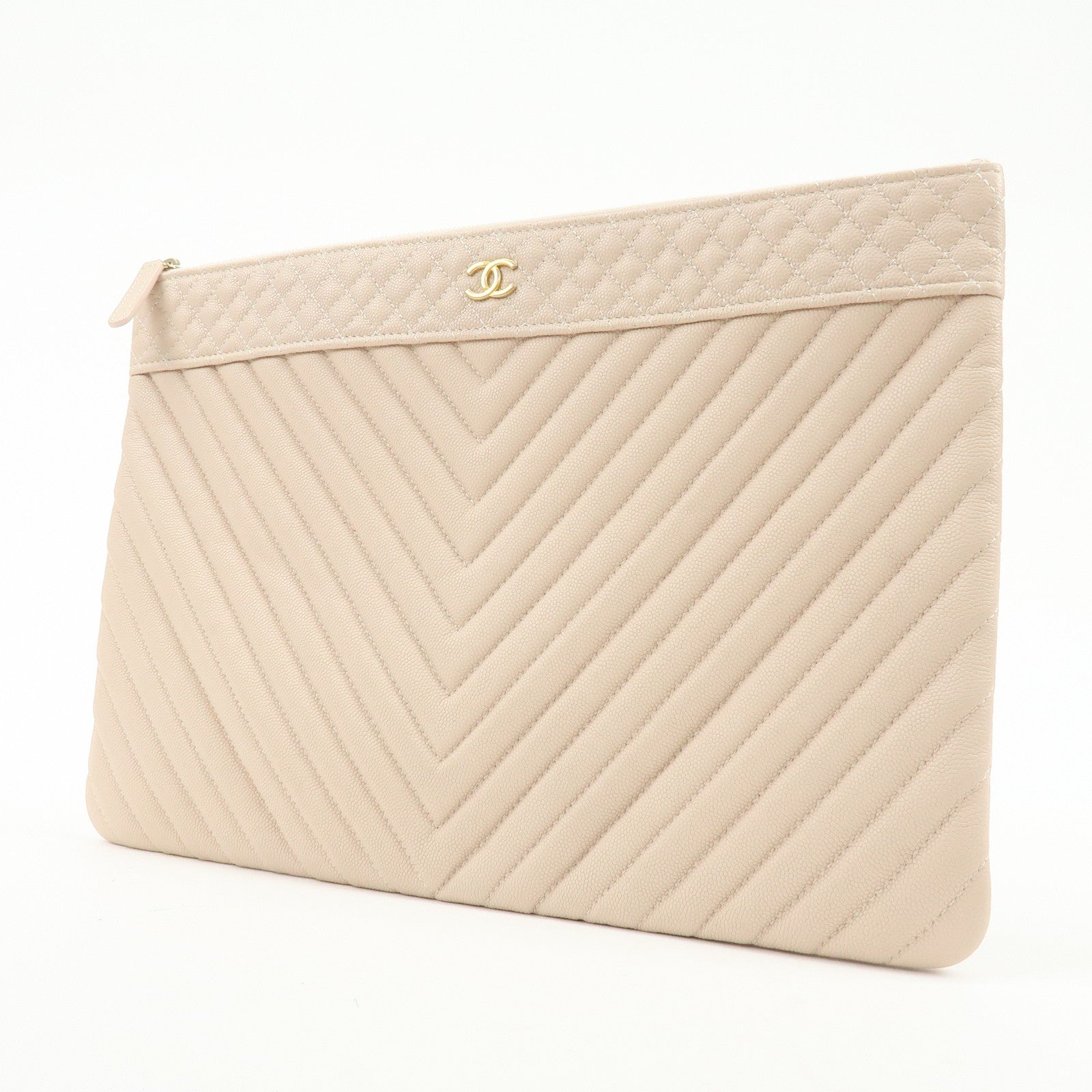 CHANEL COCO Mark Shevron V Stitch Caviarskin Clutch Bag Beige A69251