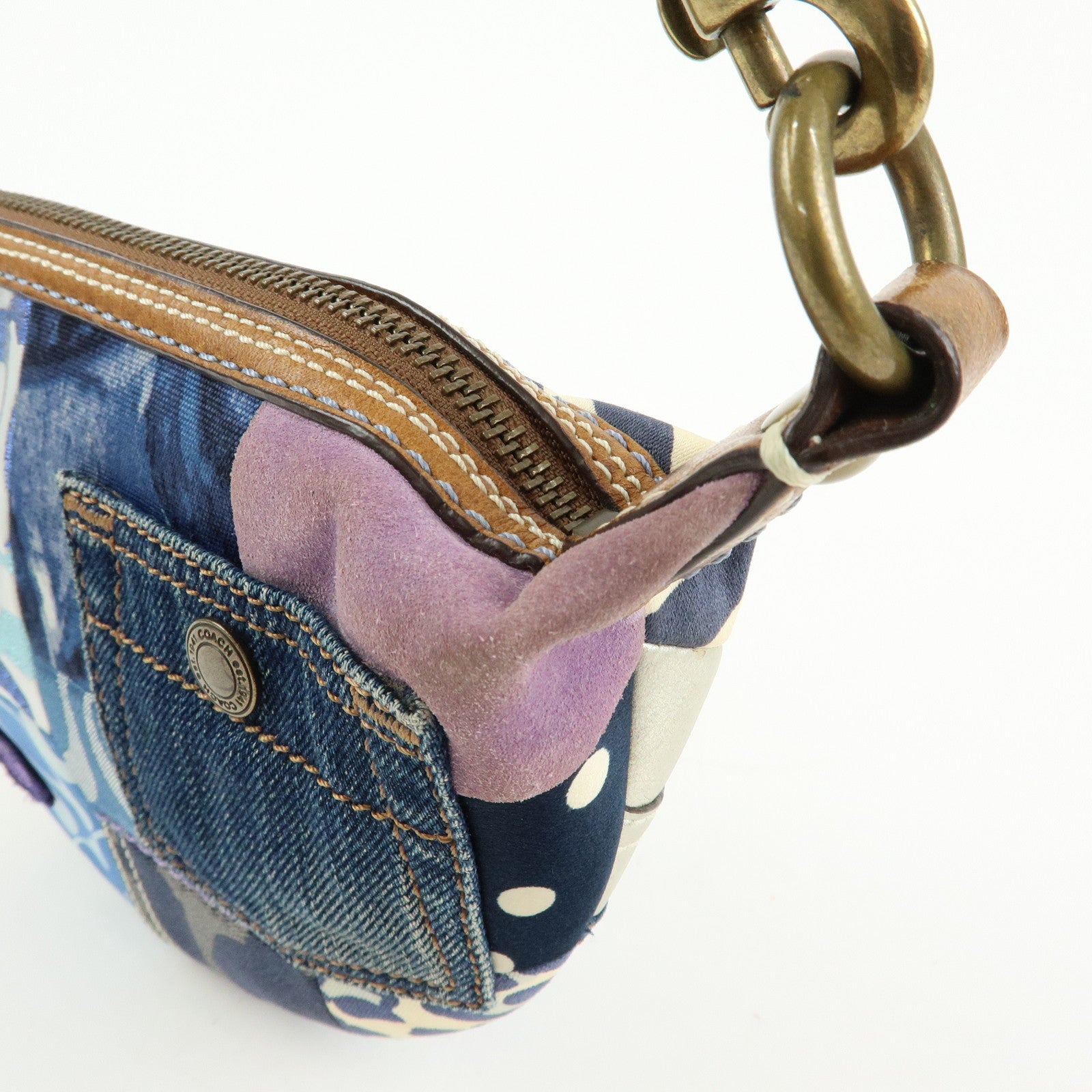 COACH Sigunature Canvas Silk Leather Patchwork Shoulder Bag Blue Brown