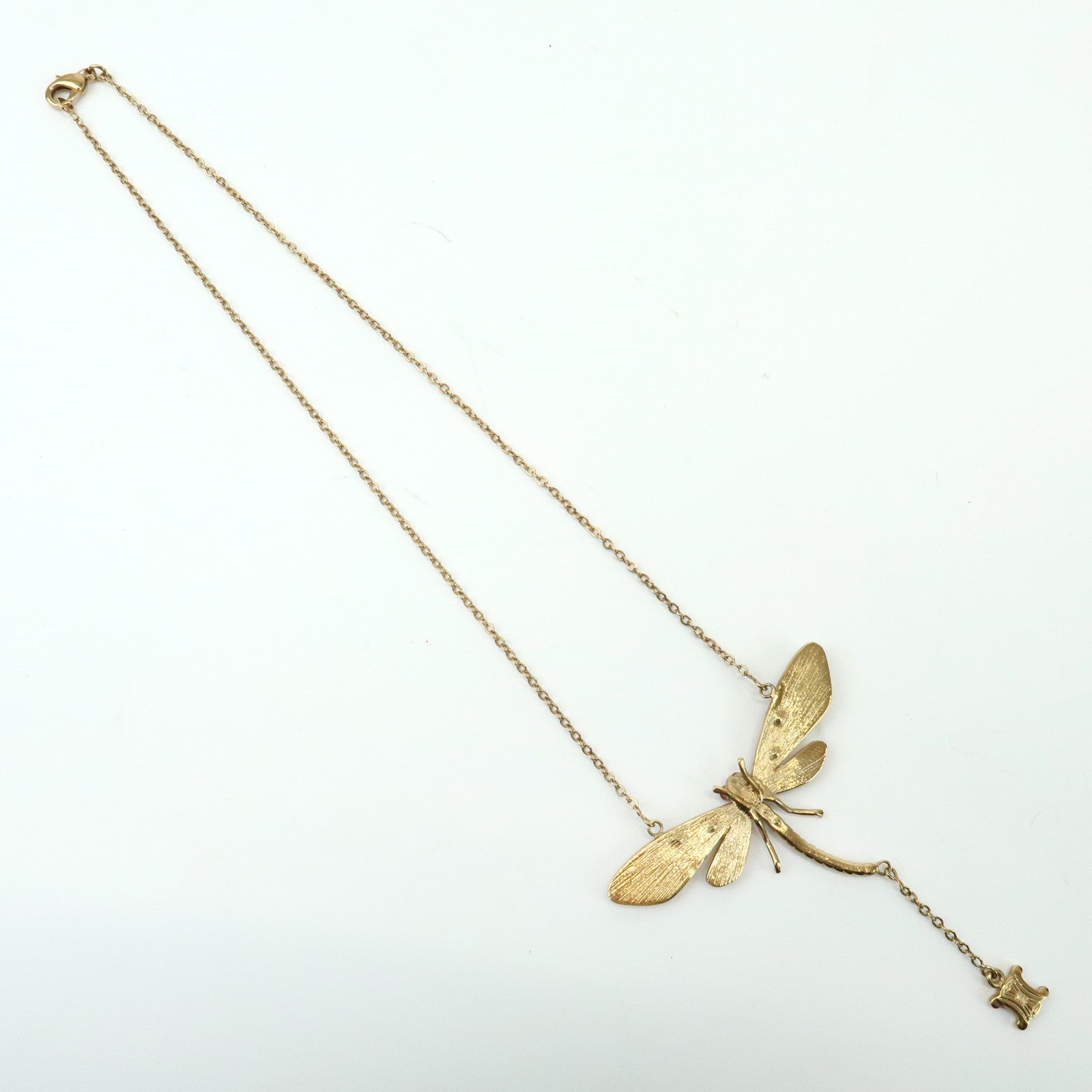 CELINE Macadam Metal Rhinestone Dragonfly Motif Necklace Gold