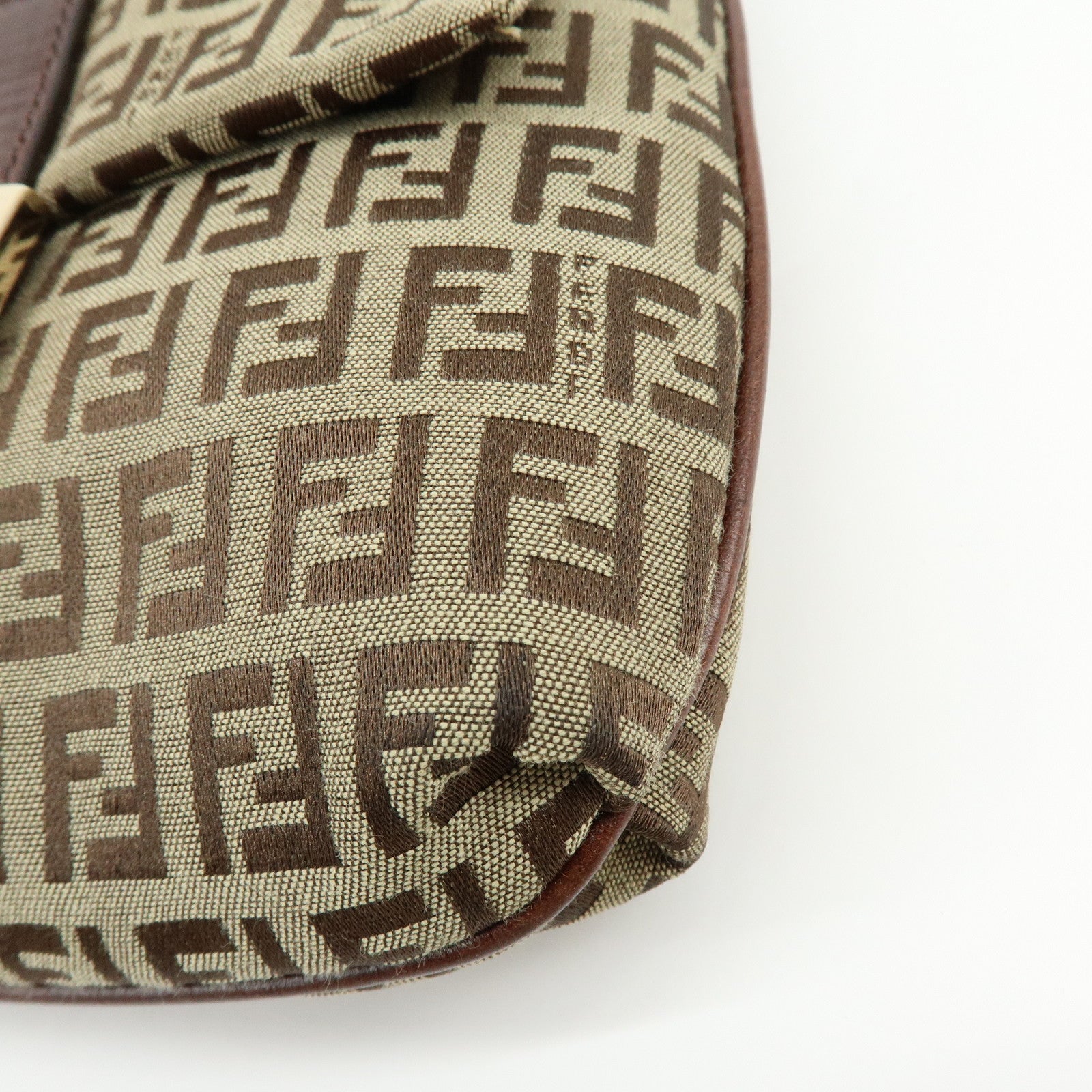 FENDI Zucchino Canvas Leather Shoulder Bag Beige Brown 8BT075