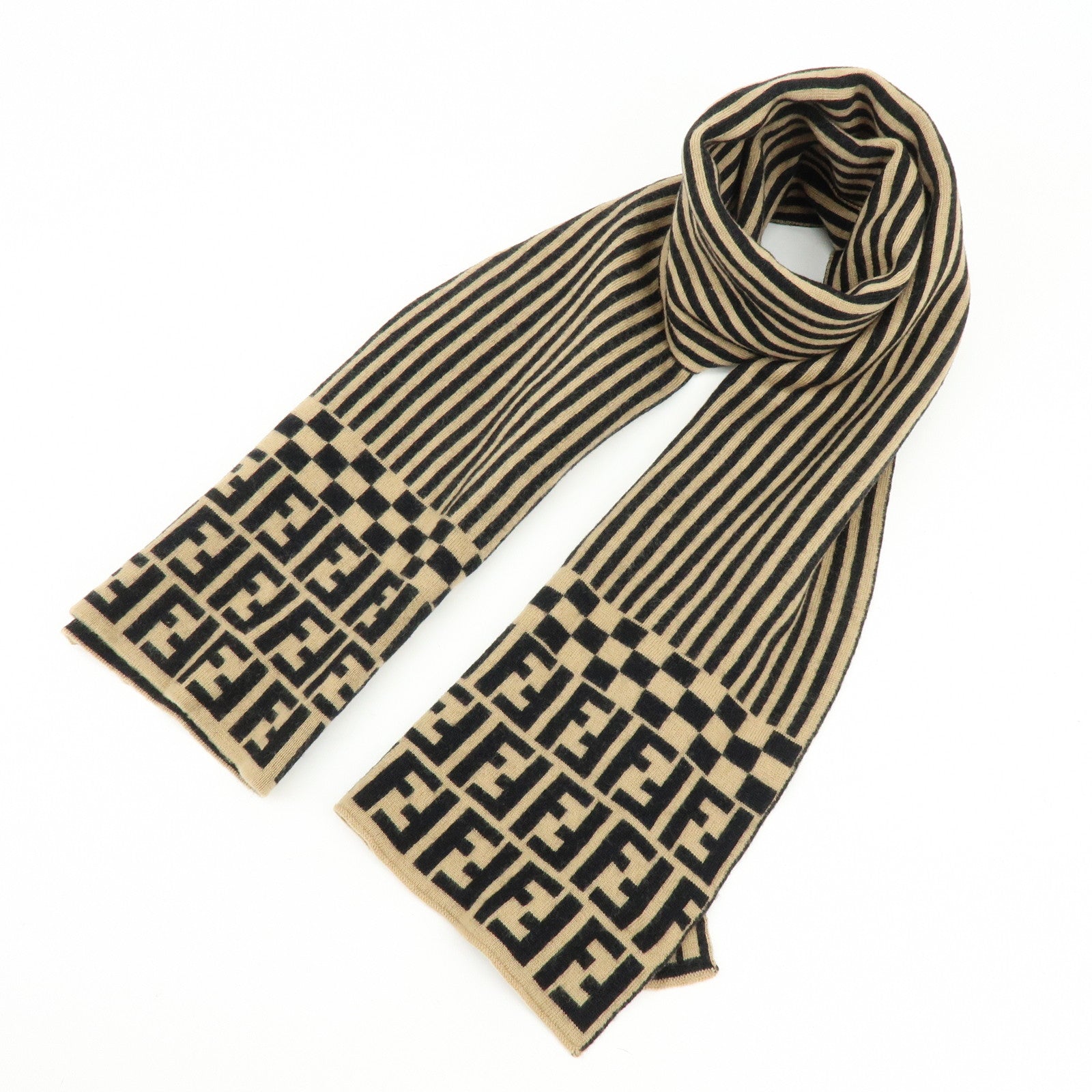 FENDI Zucca FF Logo Wool 100% Scarf Stole Stripe Beige Black