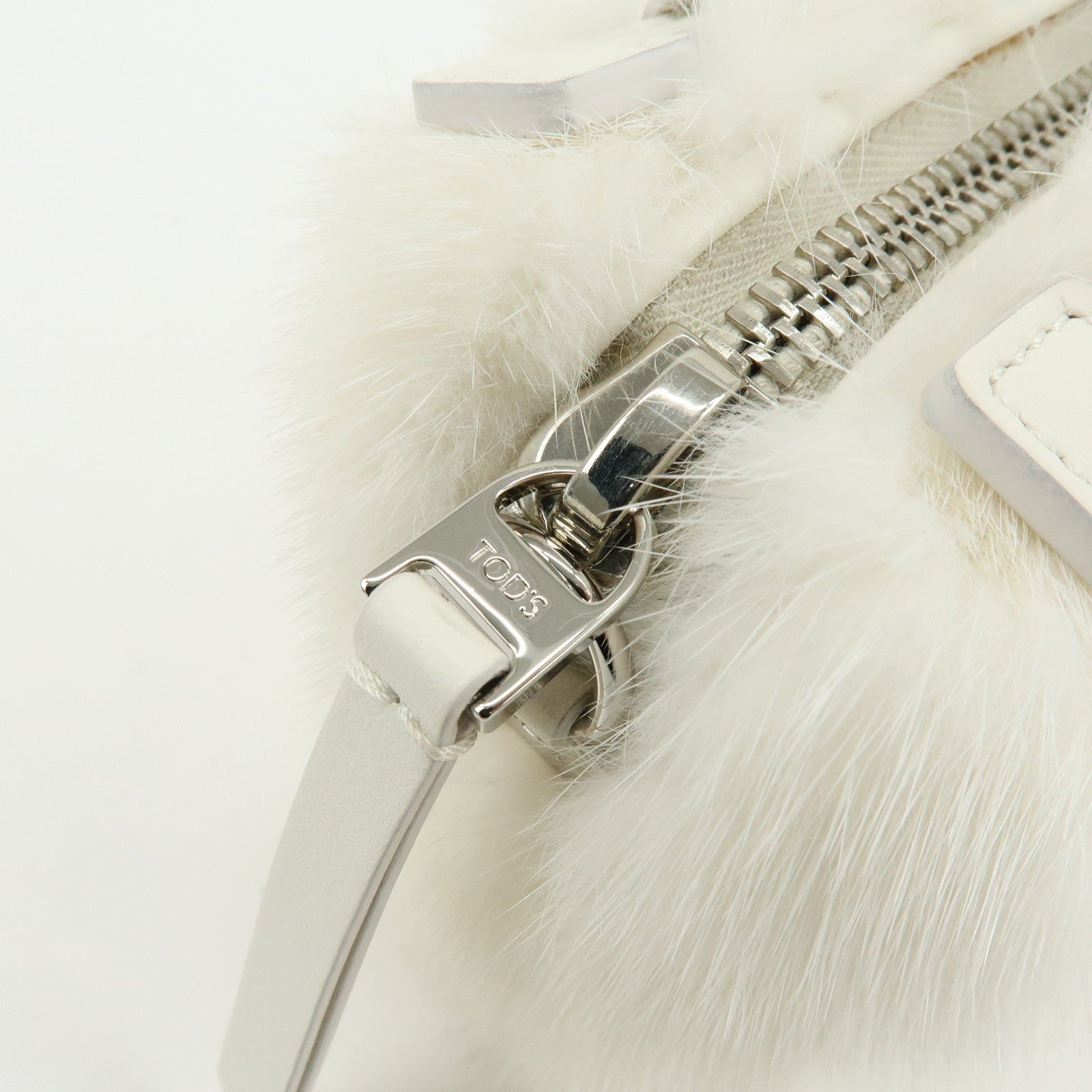 TOD'S Fur Leather 2Way Bag Hand Bag Shoulder Bag White