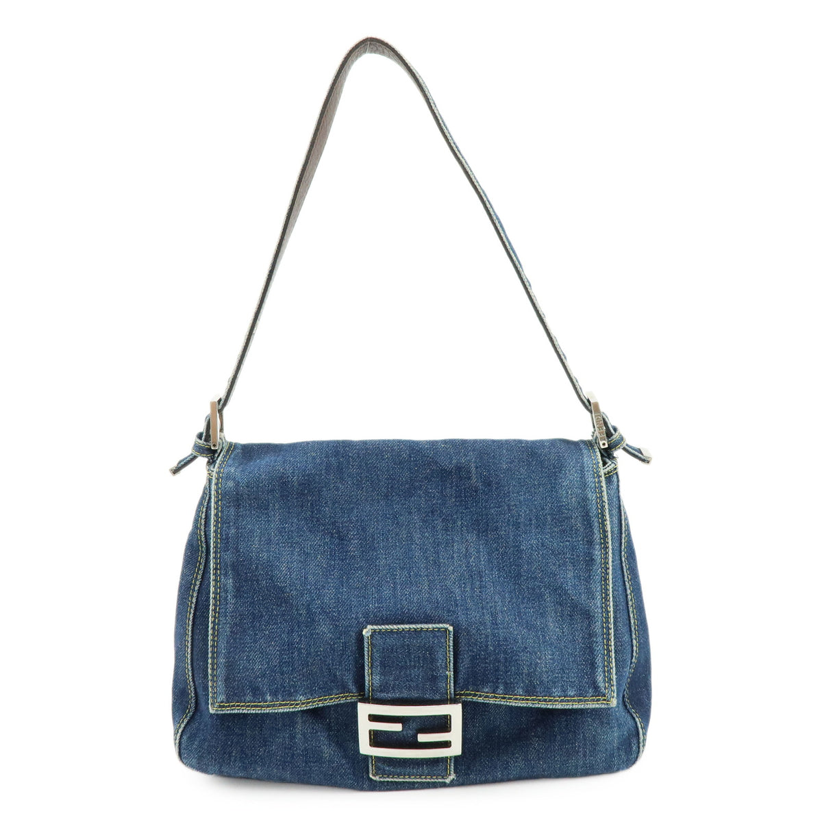 FENDI Mamma Baguette Denim Leather Shoulder Bag Hand Bag Blue 26325