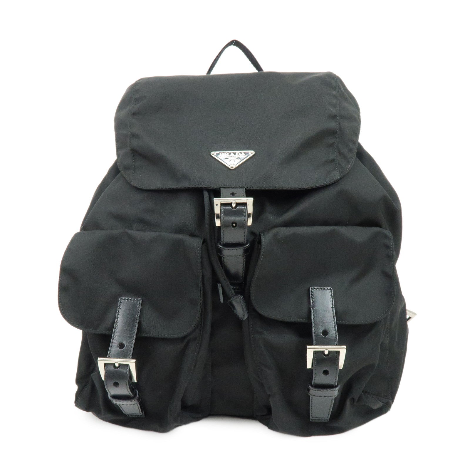 PRADA Triangle Logo Nylon Leather Backpack Rucksack Black BZ2811